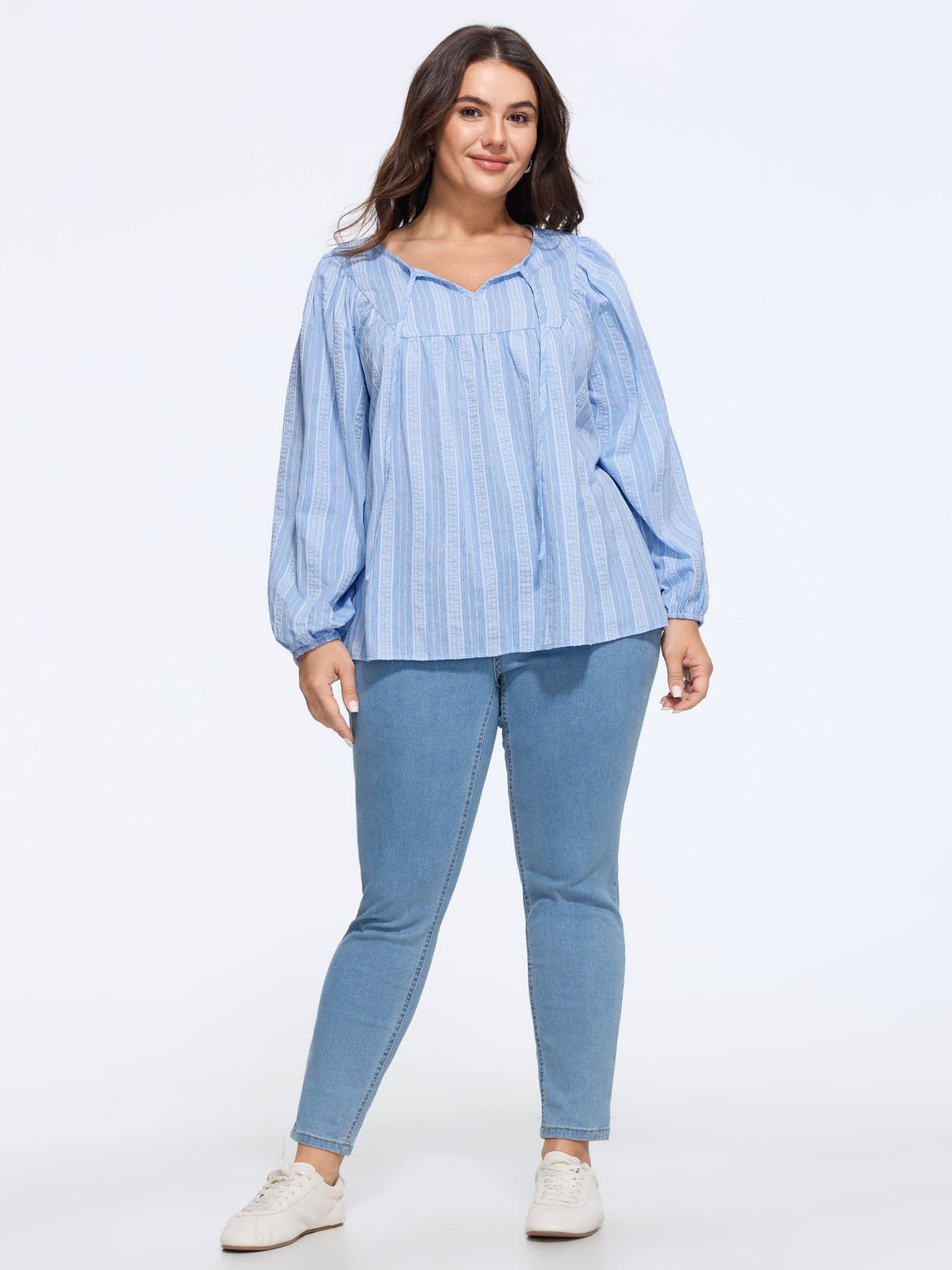 Supersoft Textured Stripe Tie Neck Blouse