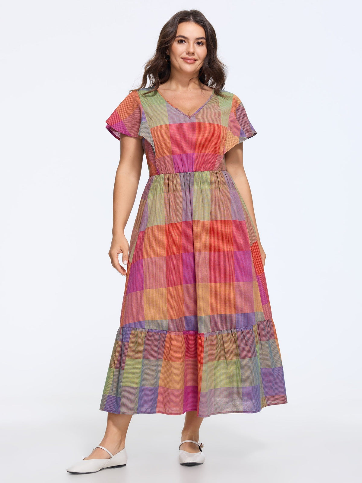 Cotton Color Block Plaid Flutter Sleeve Tiered Maxi Dress