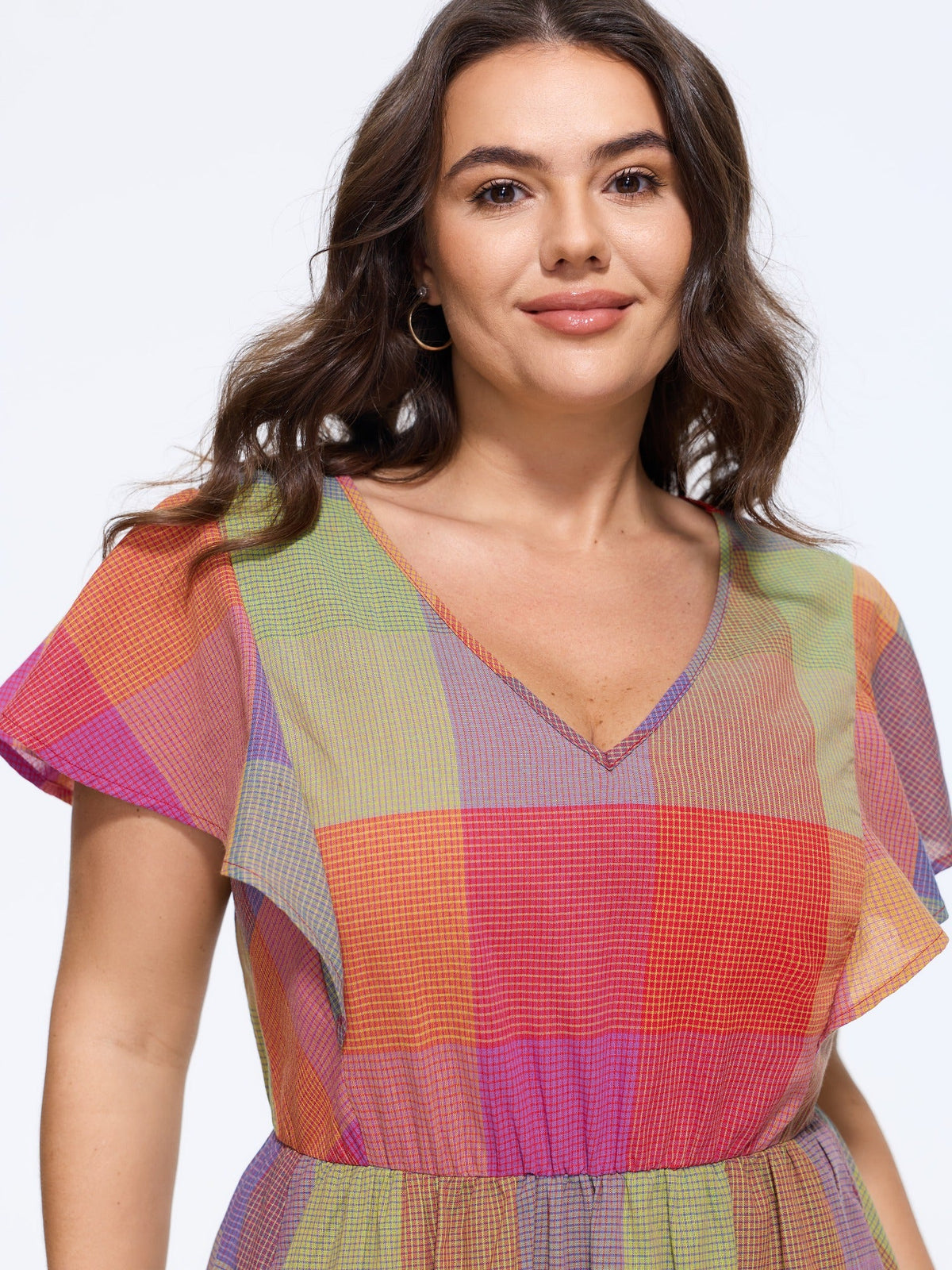 Cotton Color Block Plaid Flutter Sleeve Tiered Maxi Dress