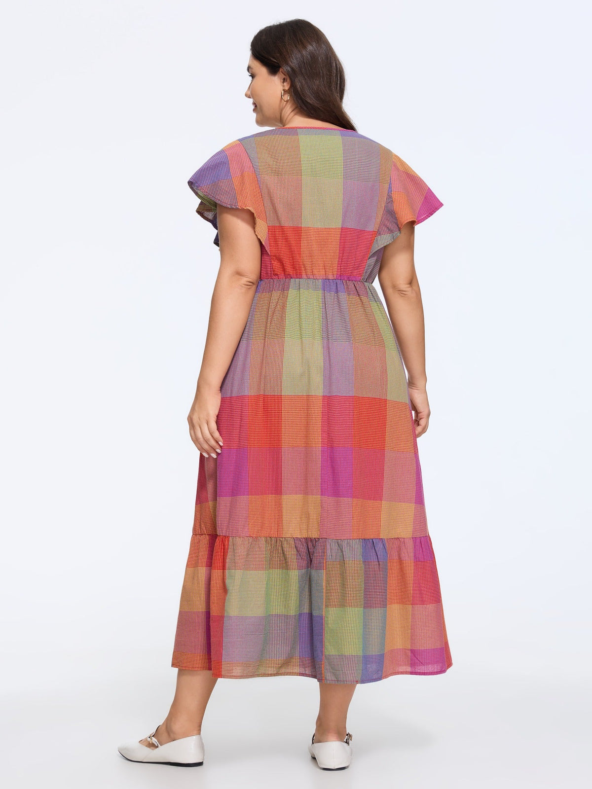 Cotton Color Block Plaid Flutter Sleeve Tiered Maxi Dress