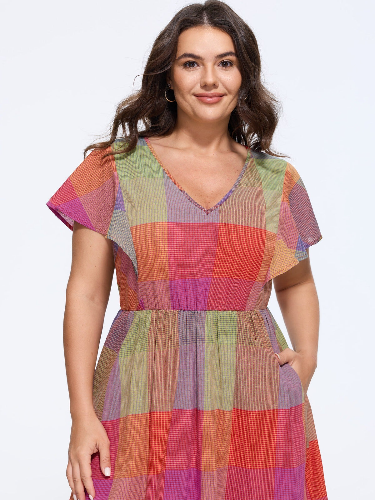 Cotton Color Block Plaid Flutter Sleeve Tiered Maxi Dress