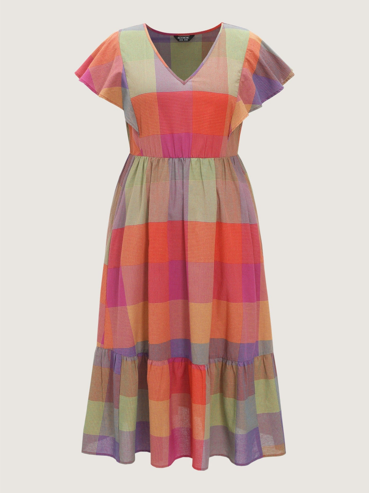 Cotton Color Block Plaid Flutter Sleeve Tiered Maxi Dress