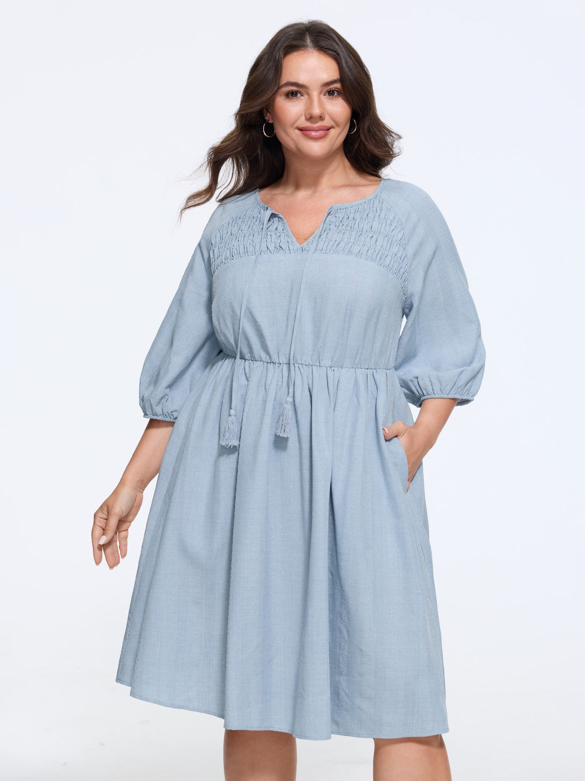 Textured Tassel Tie Shirred Mini Dress