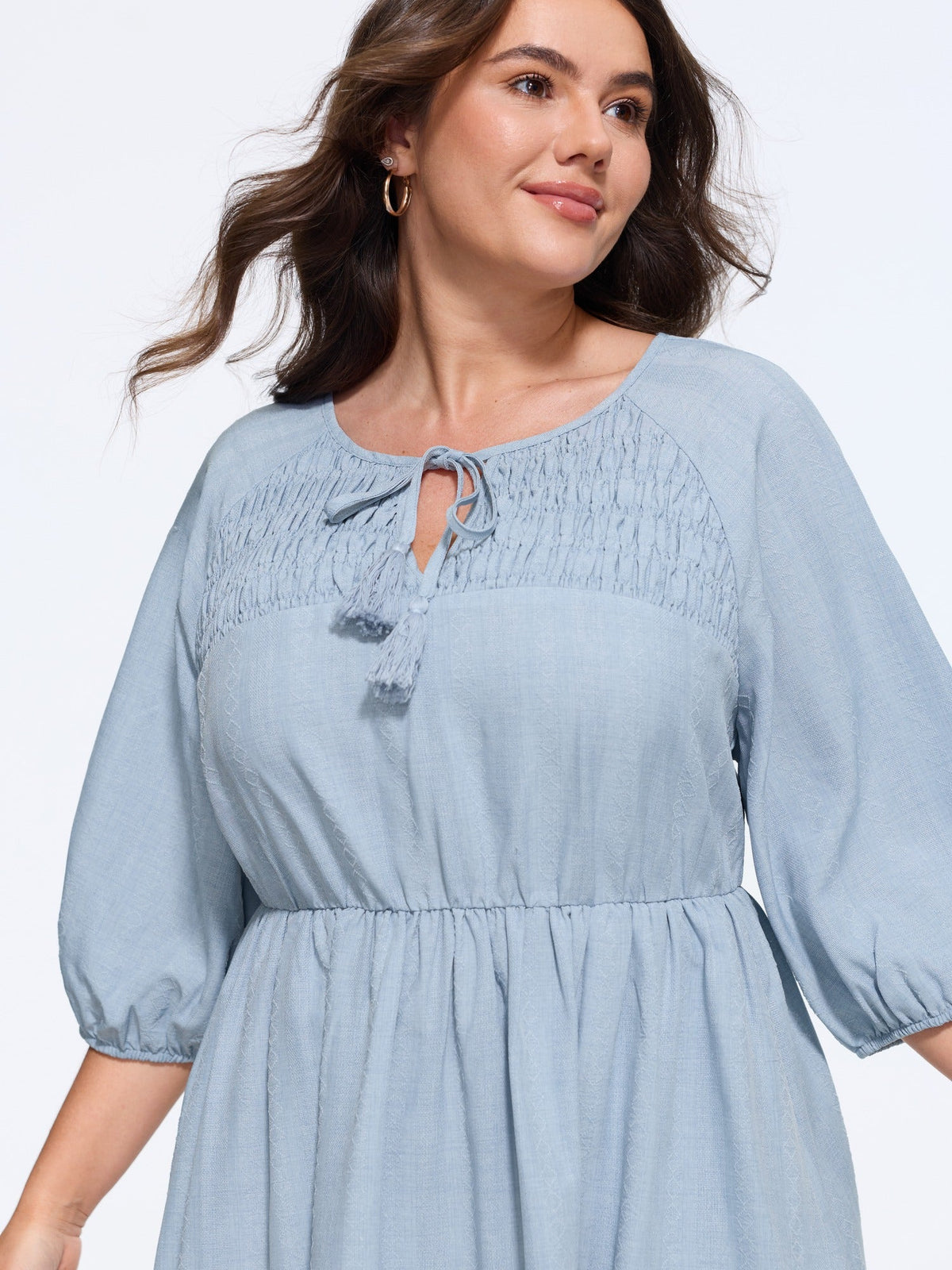 Textured Tassel Tie Shirred Mini Dress