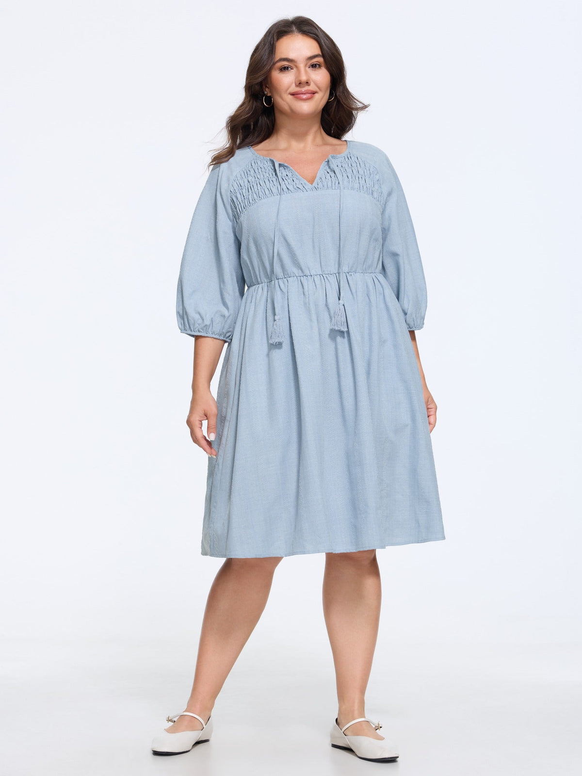 Textured Tassel Tie Shirred Mini Dress