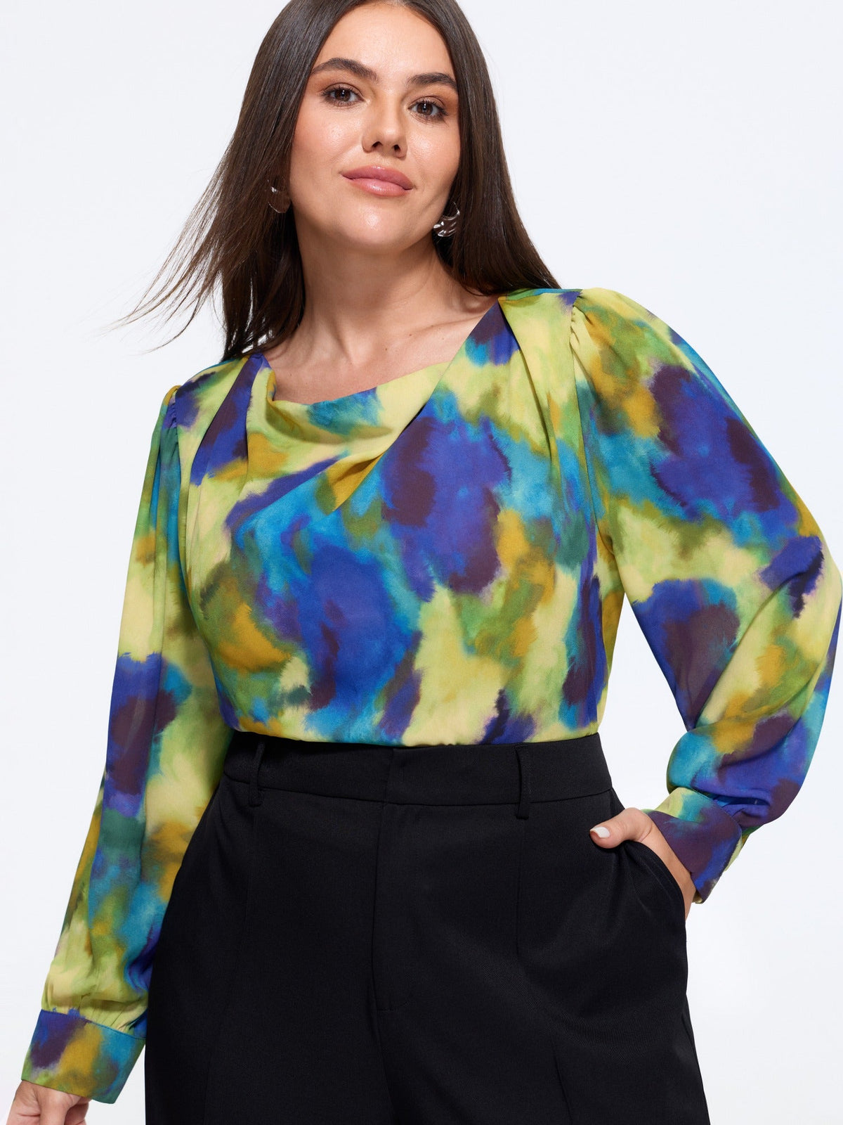 Watercolor Abstract Print Boat Neck Blouse