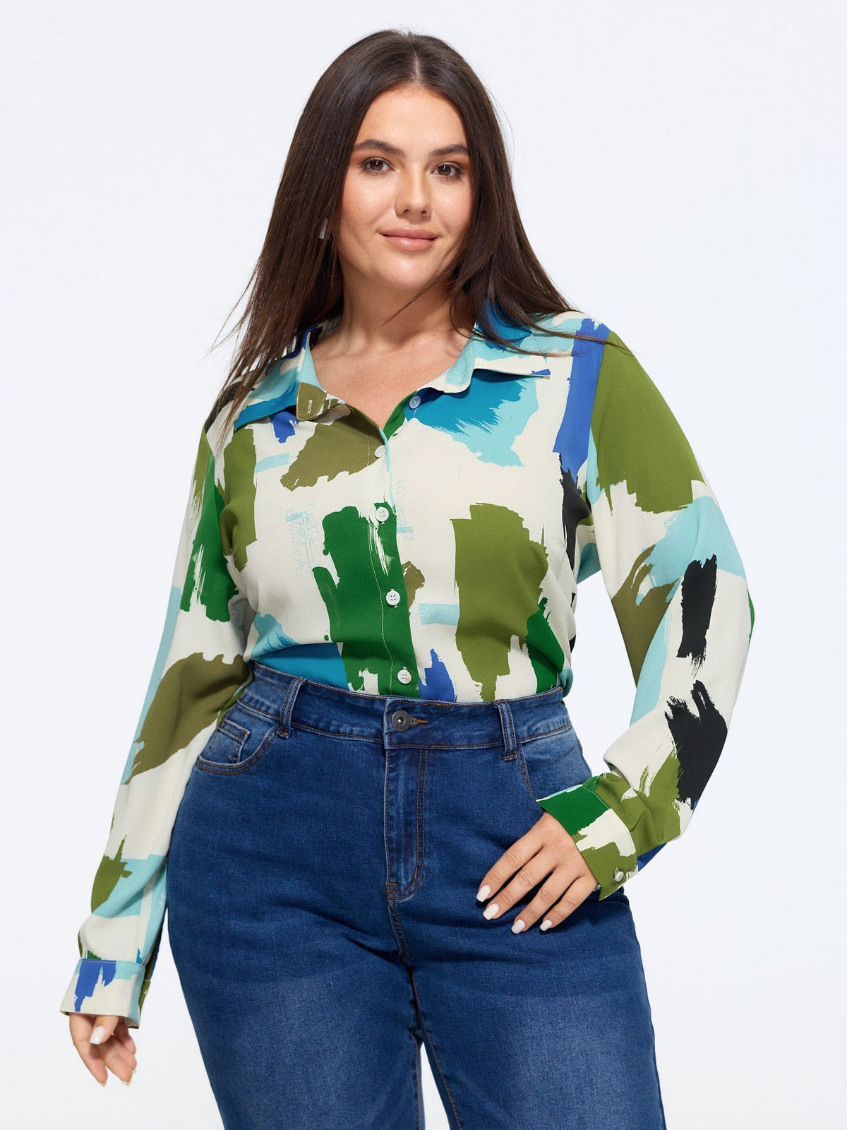 Abstract Brush Print Button Down Blouse