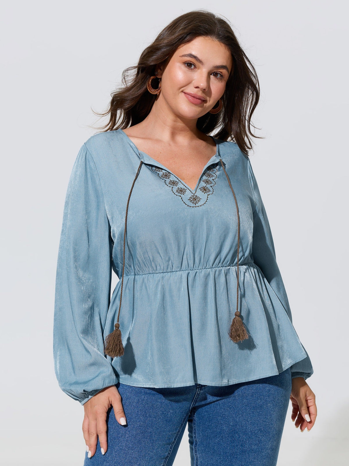 Boho Embroidered Tassel Tie Blouse