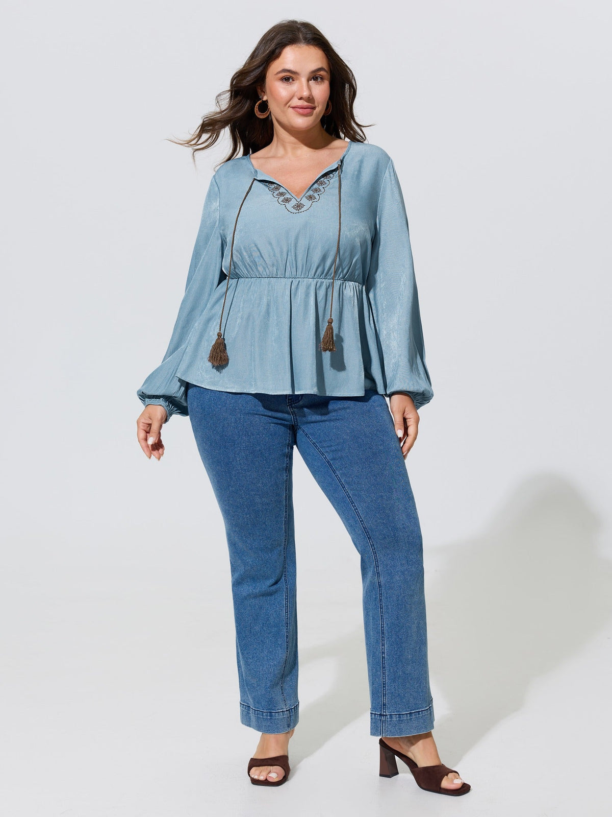 Boho Embroidered Tassel Tie Blouse
