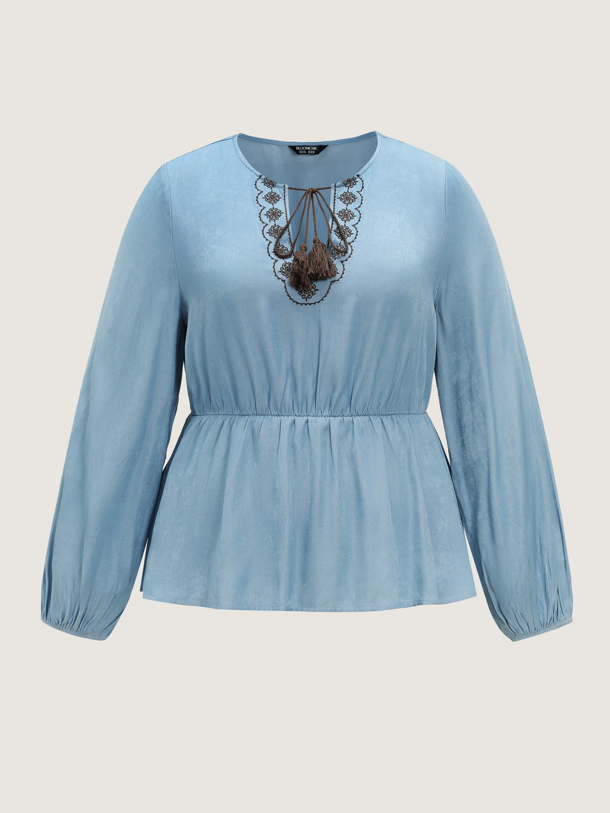 Boho Embroidered Tassel Tie Blouse