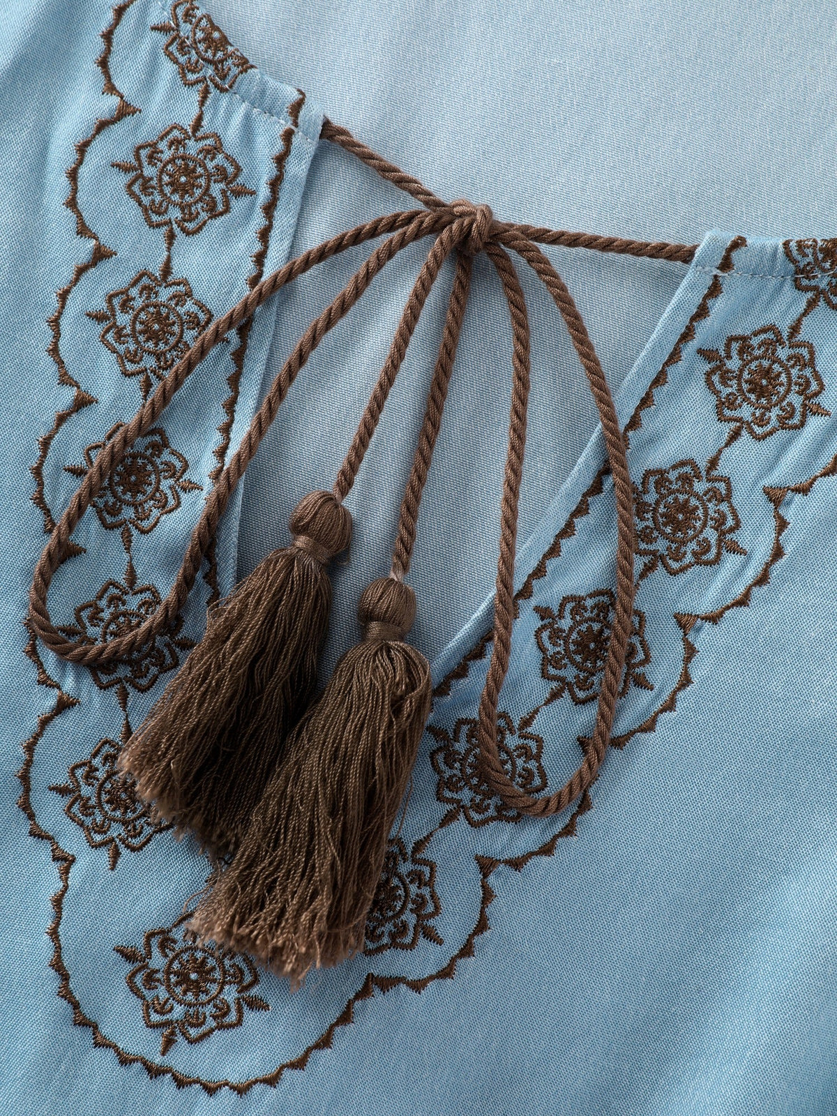 Boho Embroidered Tassel Tie Blouse