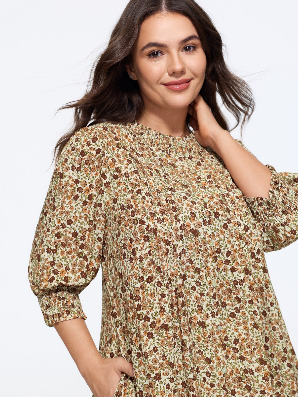 Supersoft Floral Print Ruffle Neck Half Button Midi Dress