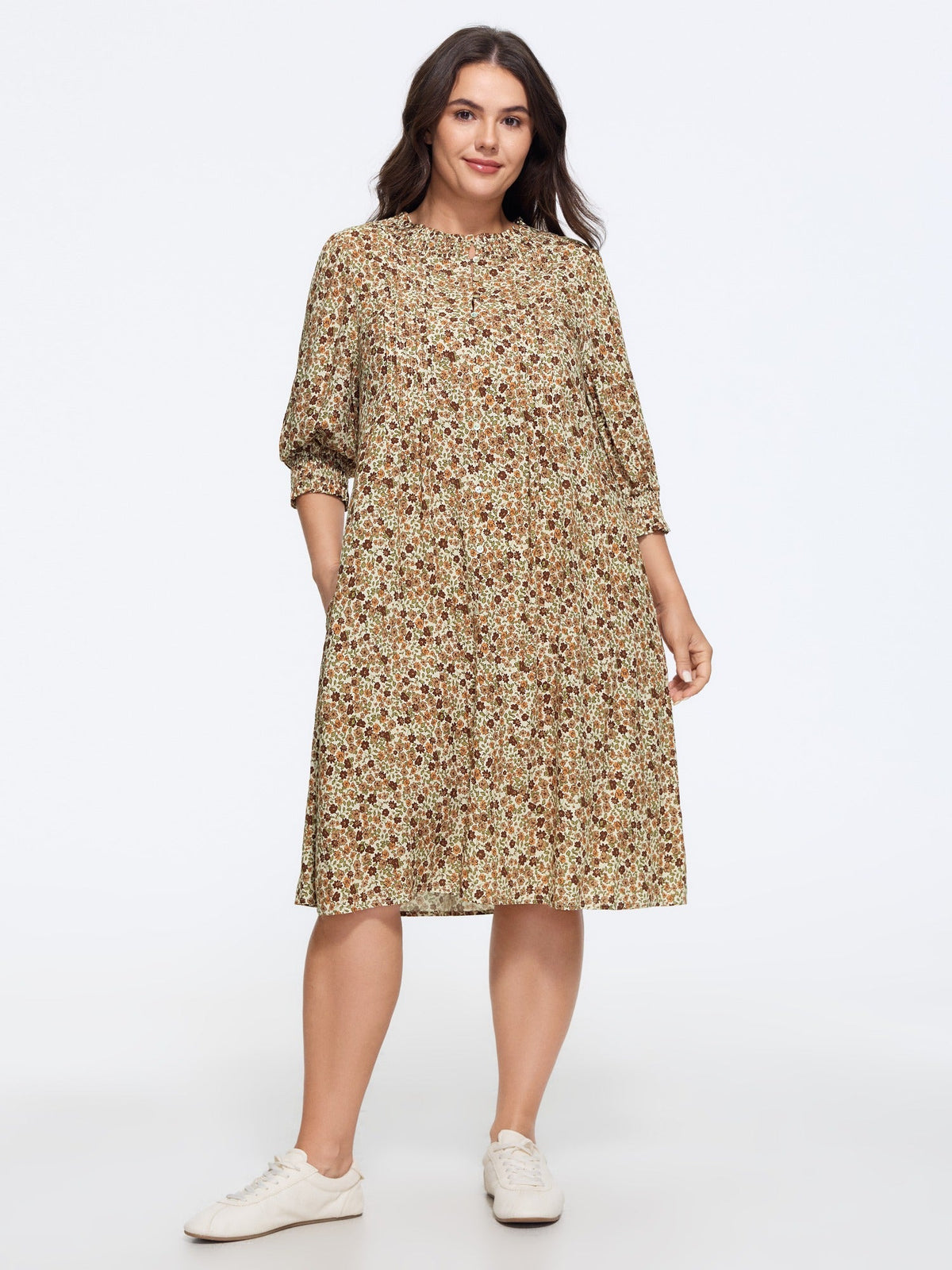 Supersoft Floral Print Ruffle Neck Half Button Midi Dress