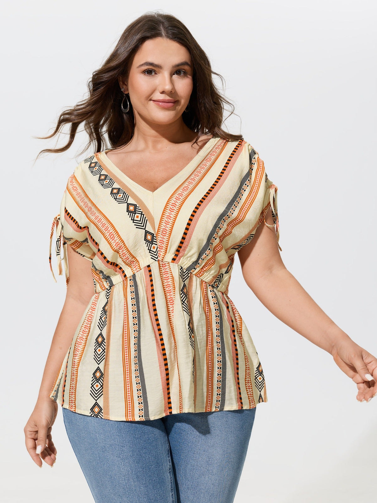 Boho Stripe Print Tie Cuff Sleeve Gathered Blouse