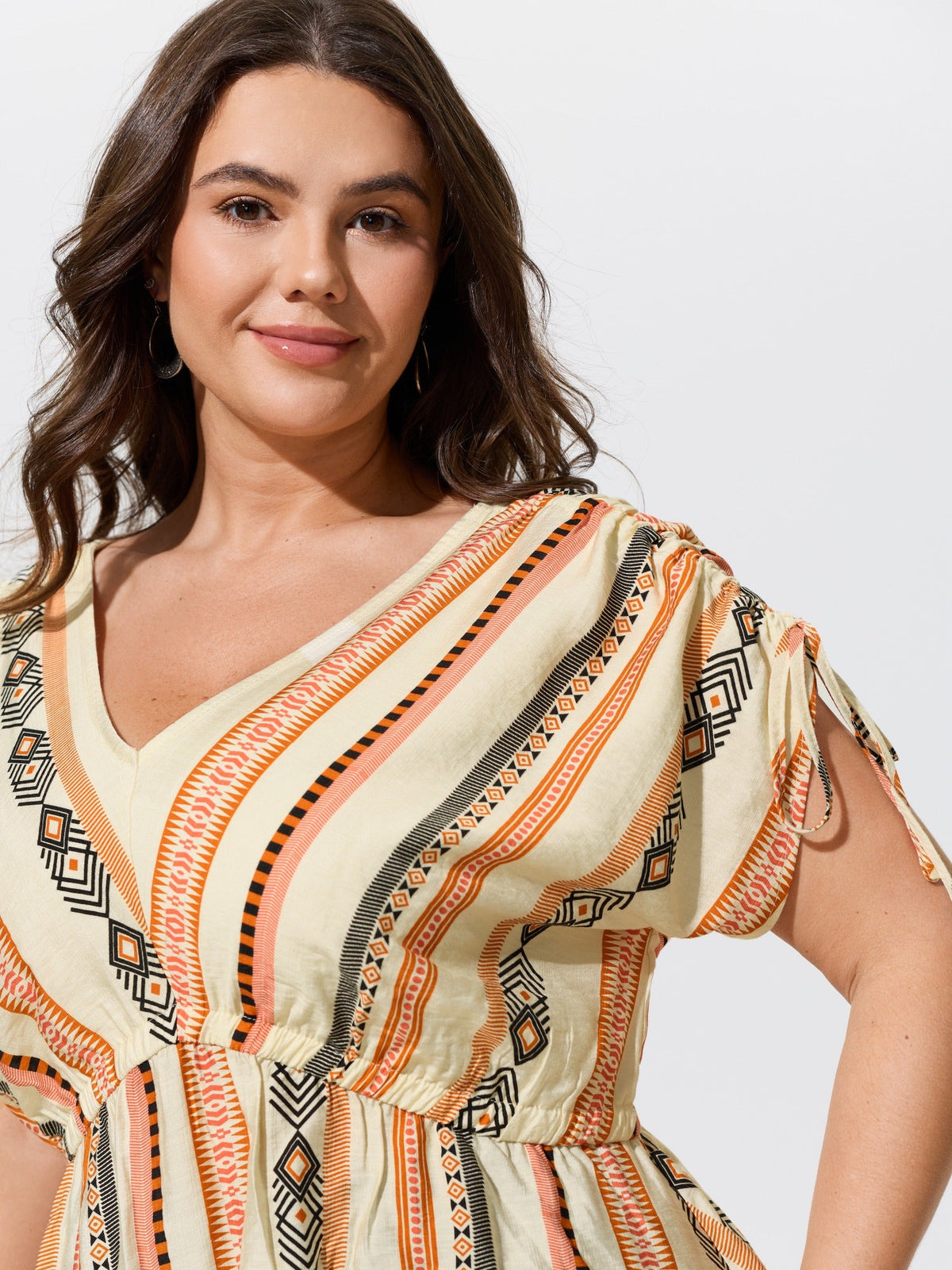 Boho Stripe Print Tie Cuff Sleeve Gathered Blouse