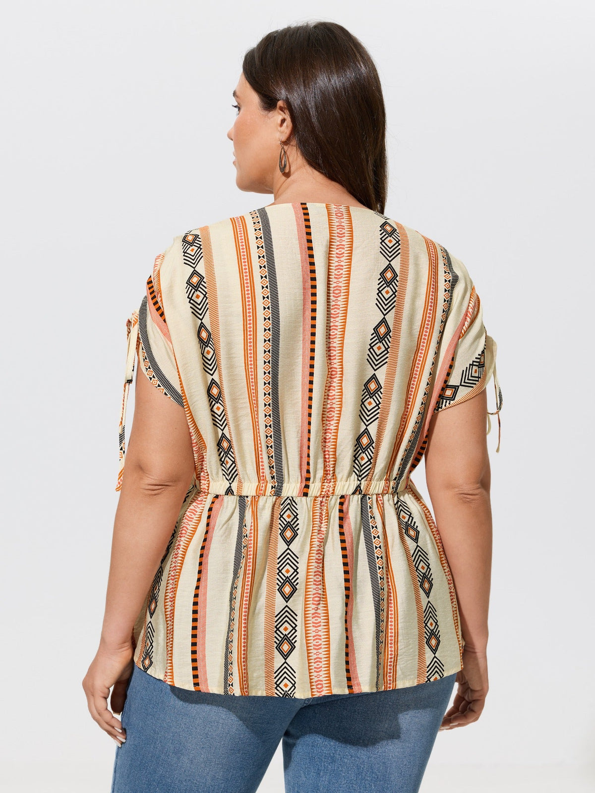 Boho Stripe Print Tie Cuff Sleeve Gathered Blouse