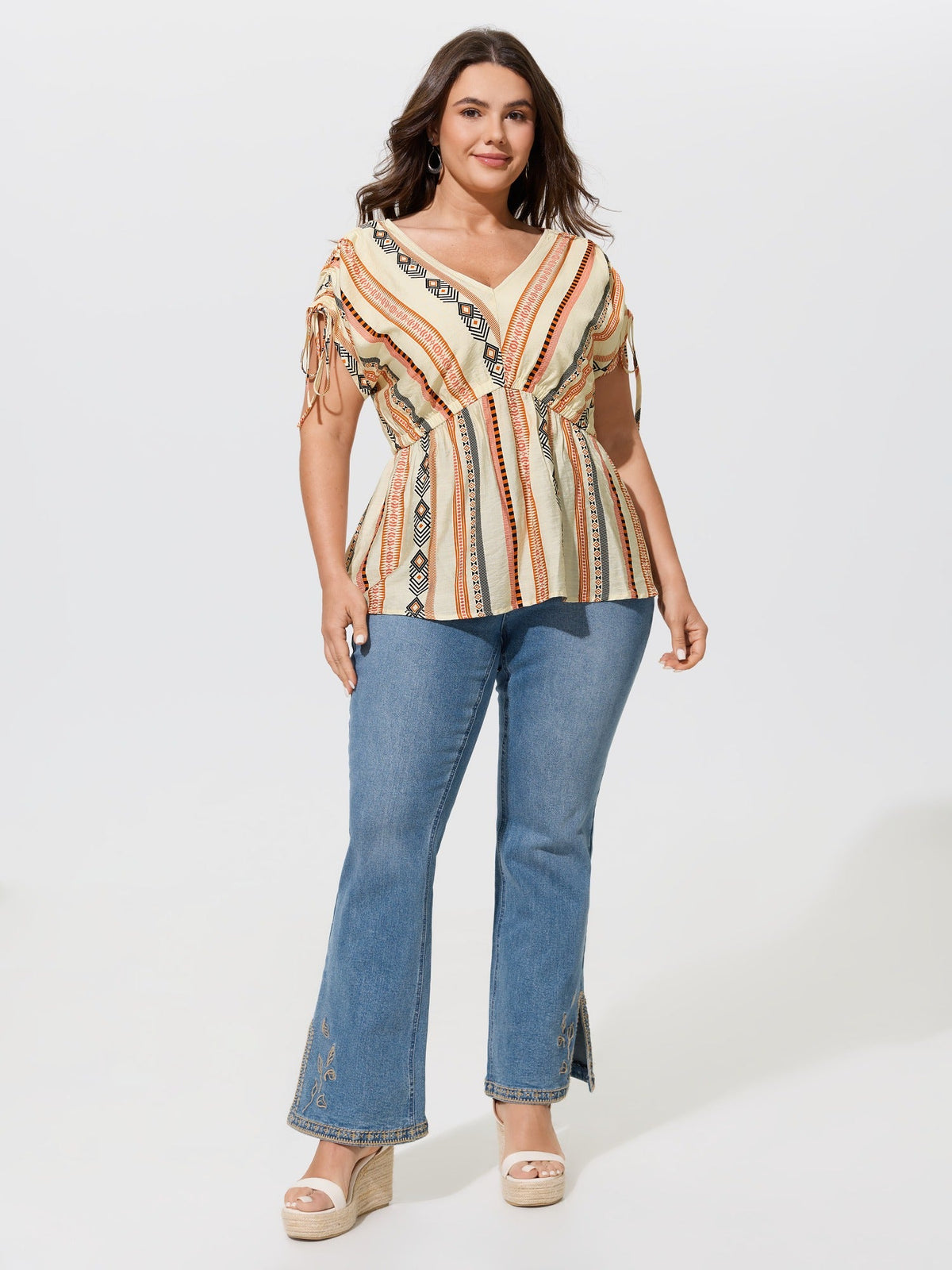 Boho Stripe Print Tie Cuff Sleeve Gathered Blouse