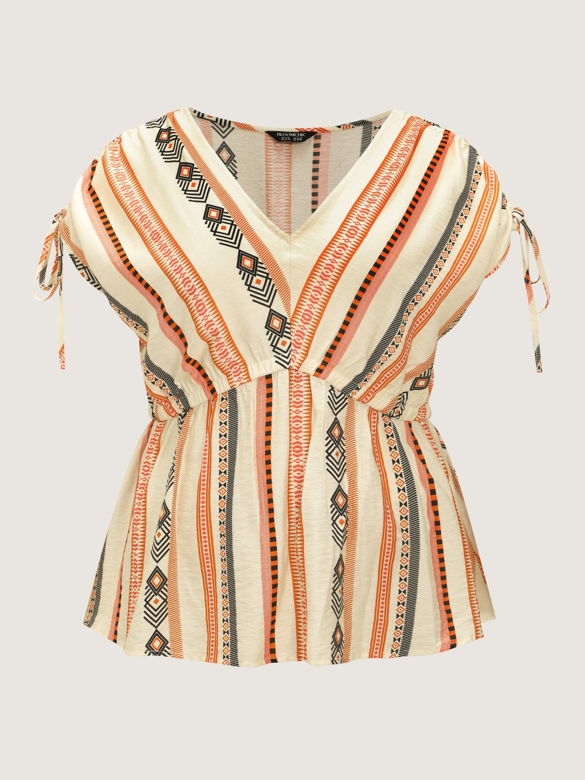 Boho Stripe Print Tie Cuff Sleeve Gathered Blouse