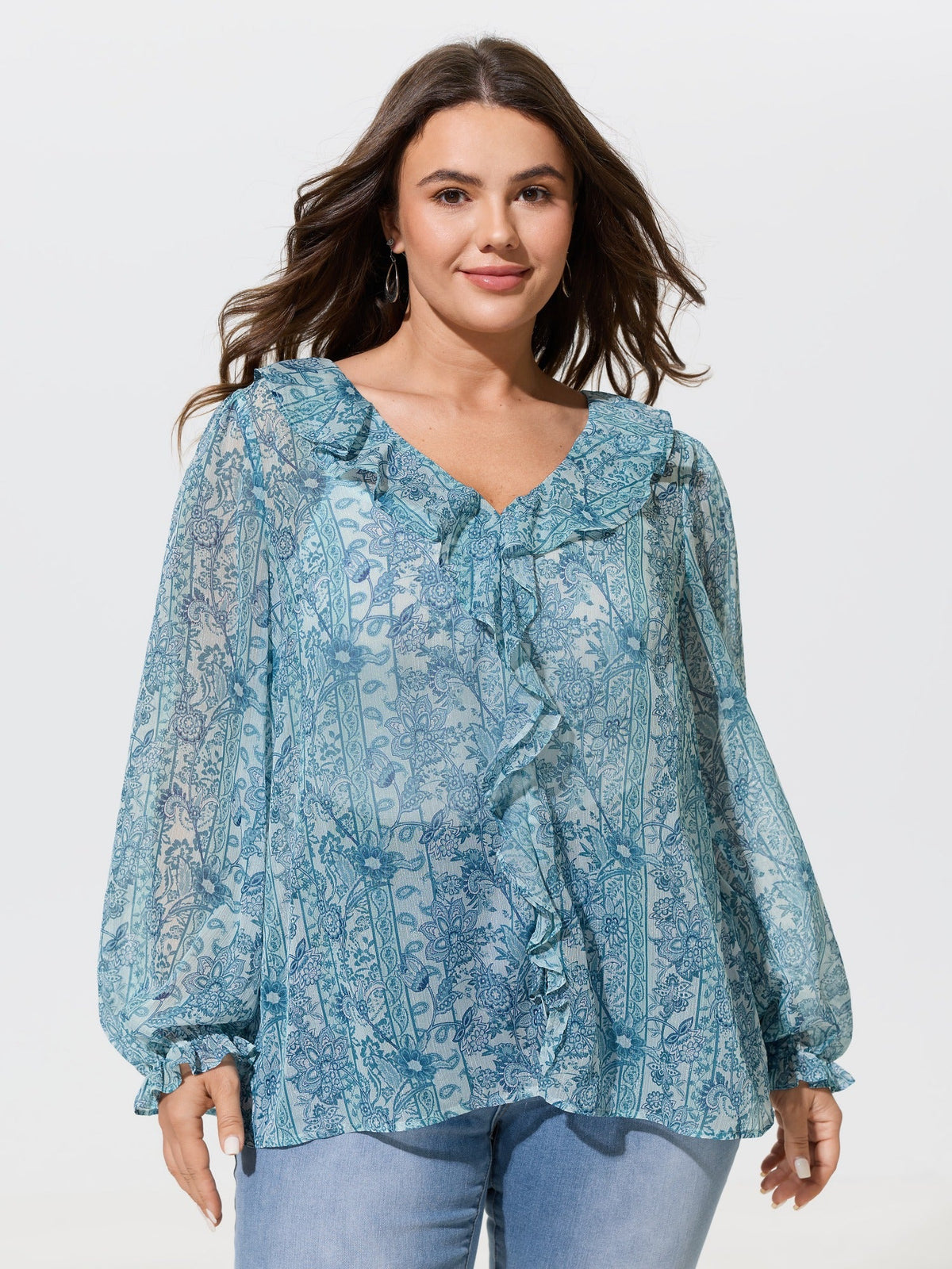 Floral Print V‑Neck Ruffle Trim Chiffon Blouse