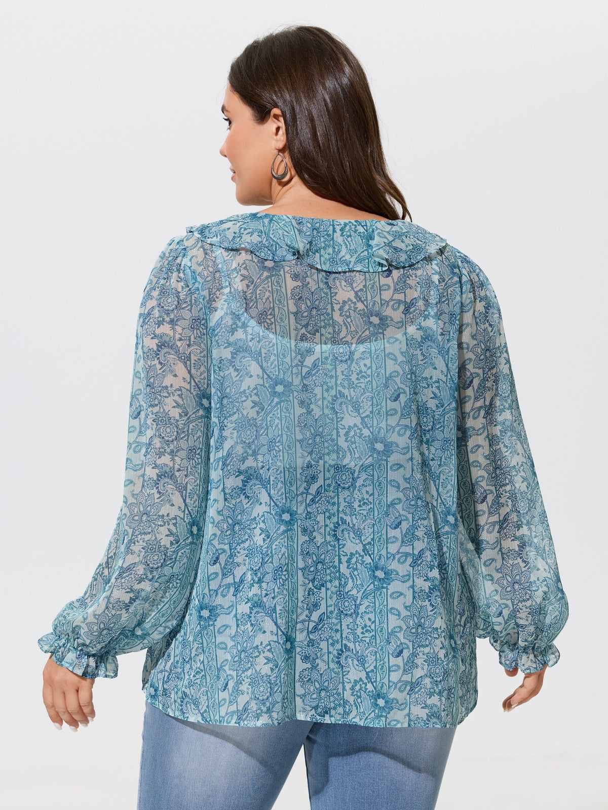 Floral Print V‑Neck Ruffle Trim Chiffon Blouse