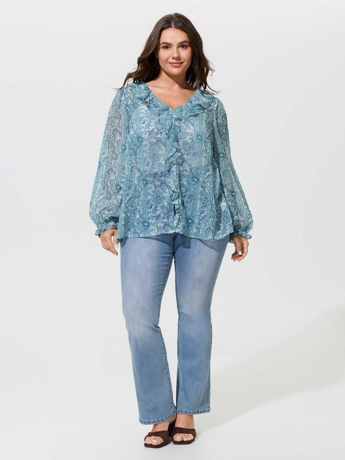 Floral Print V‑Neck Ruffle Trim Chiffon Blouse