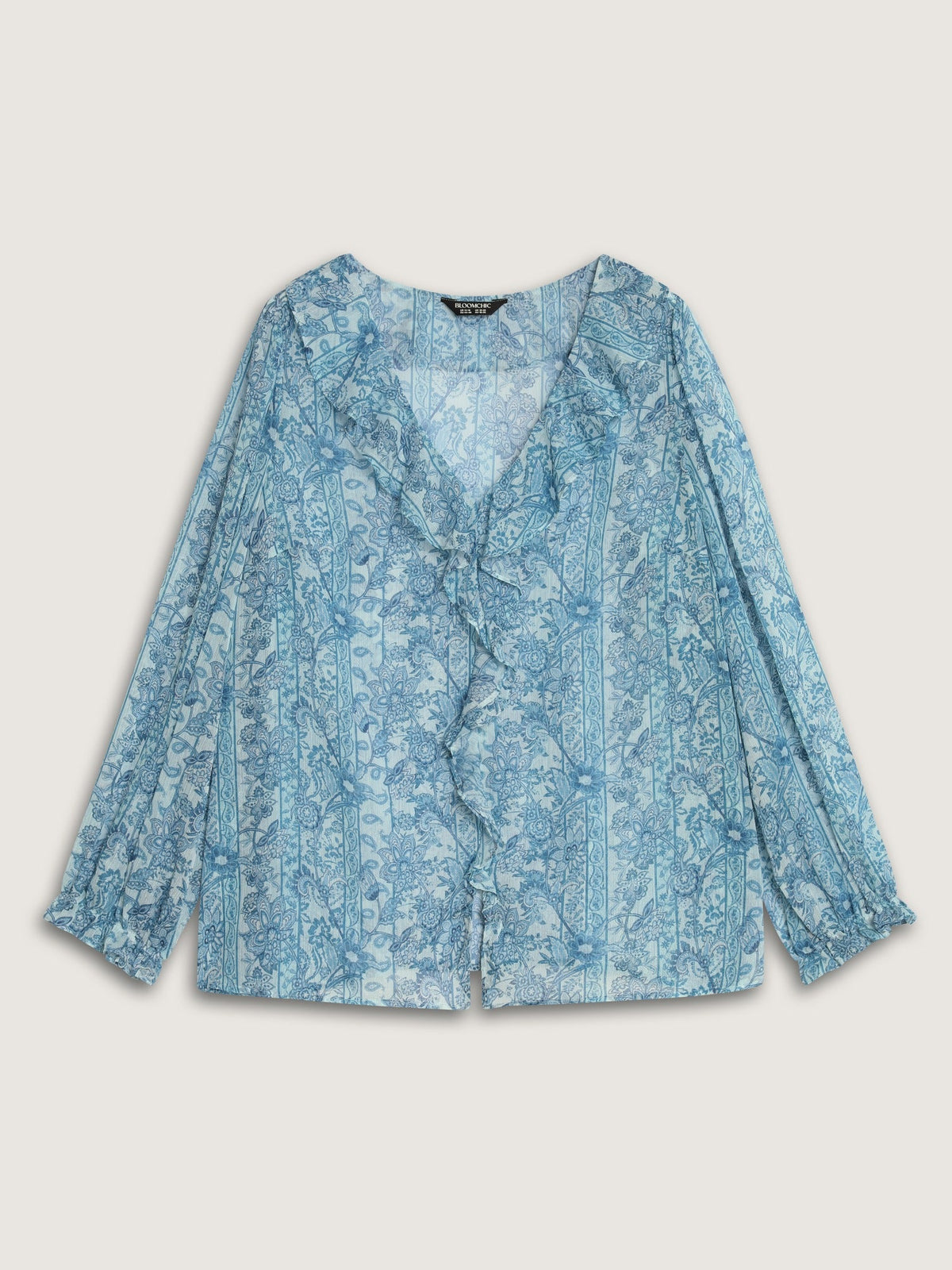 Floral Print V‑Neck Ruffle Trim Chiffon Blouse