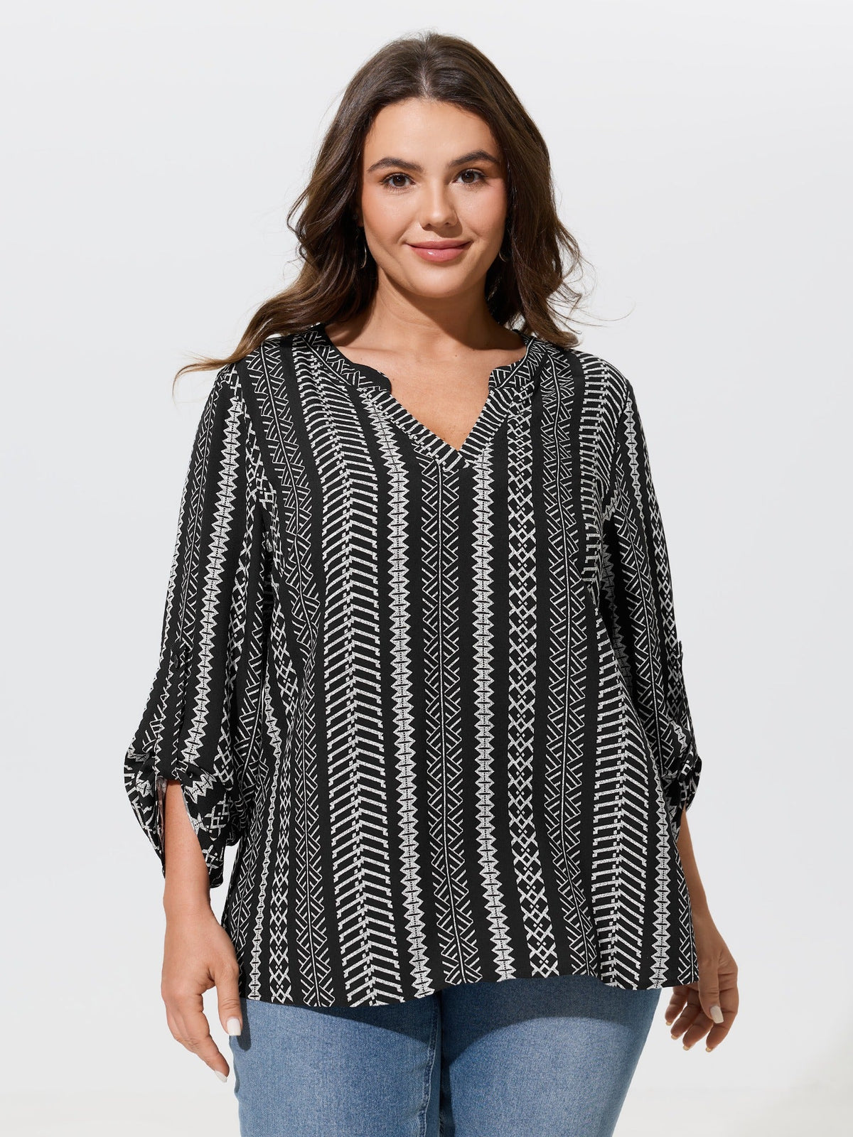 Boho Geometric Print Roll‑Tab Sleeve Blouse