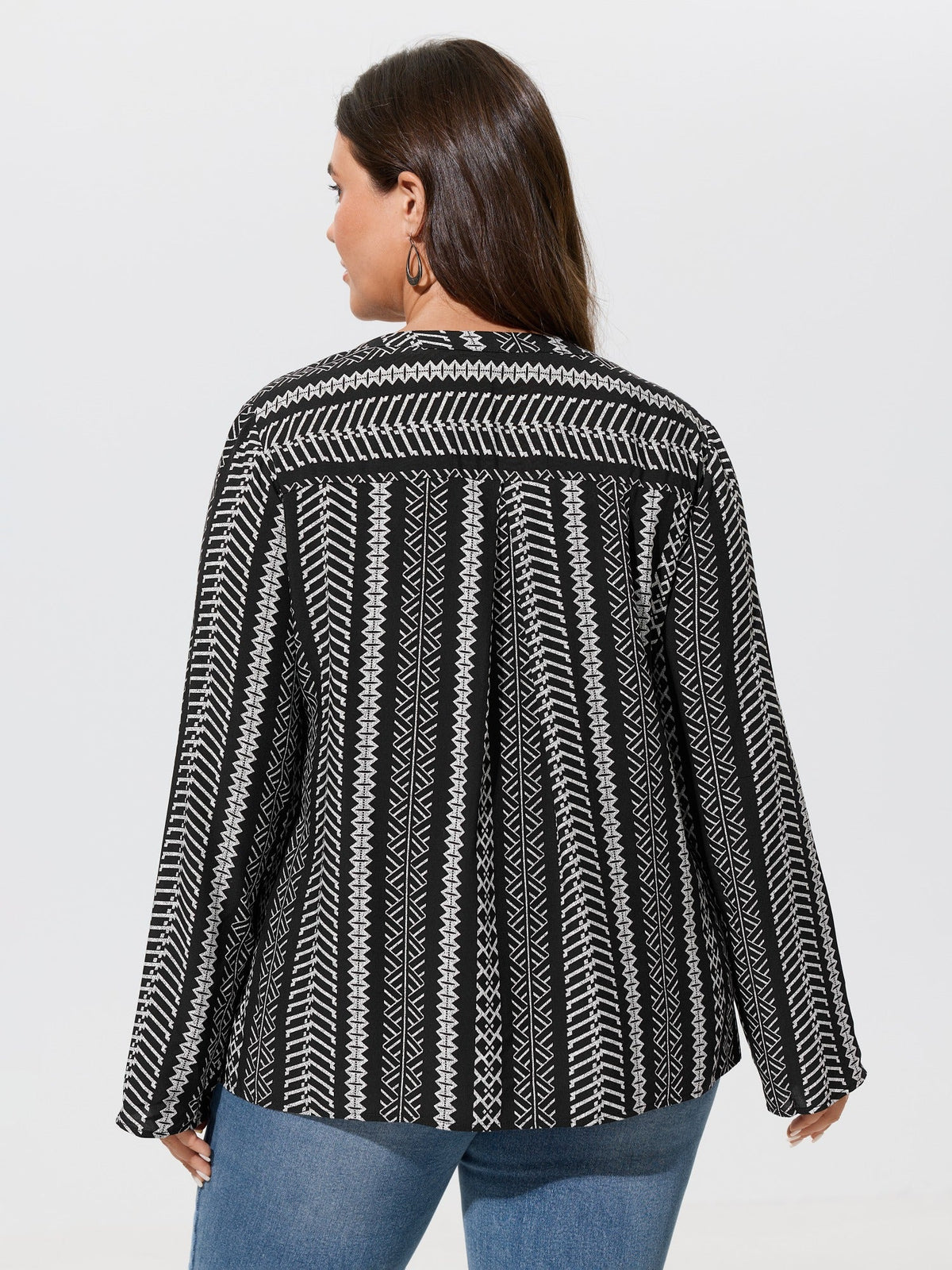 Boho Geometric Print Roll‑Tab Sleeve Blouse