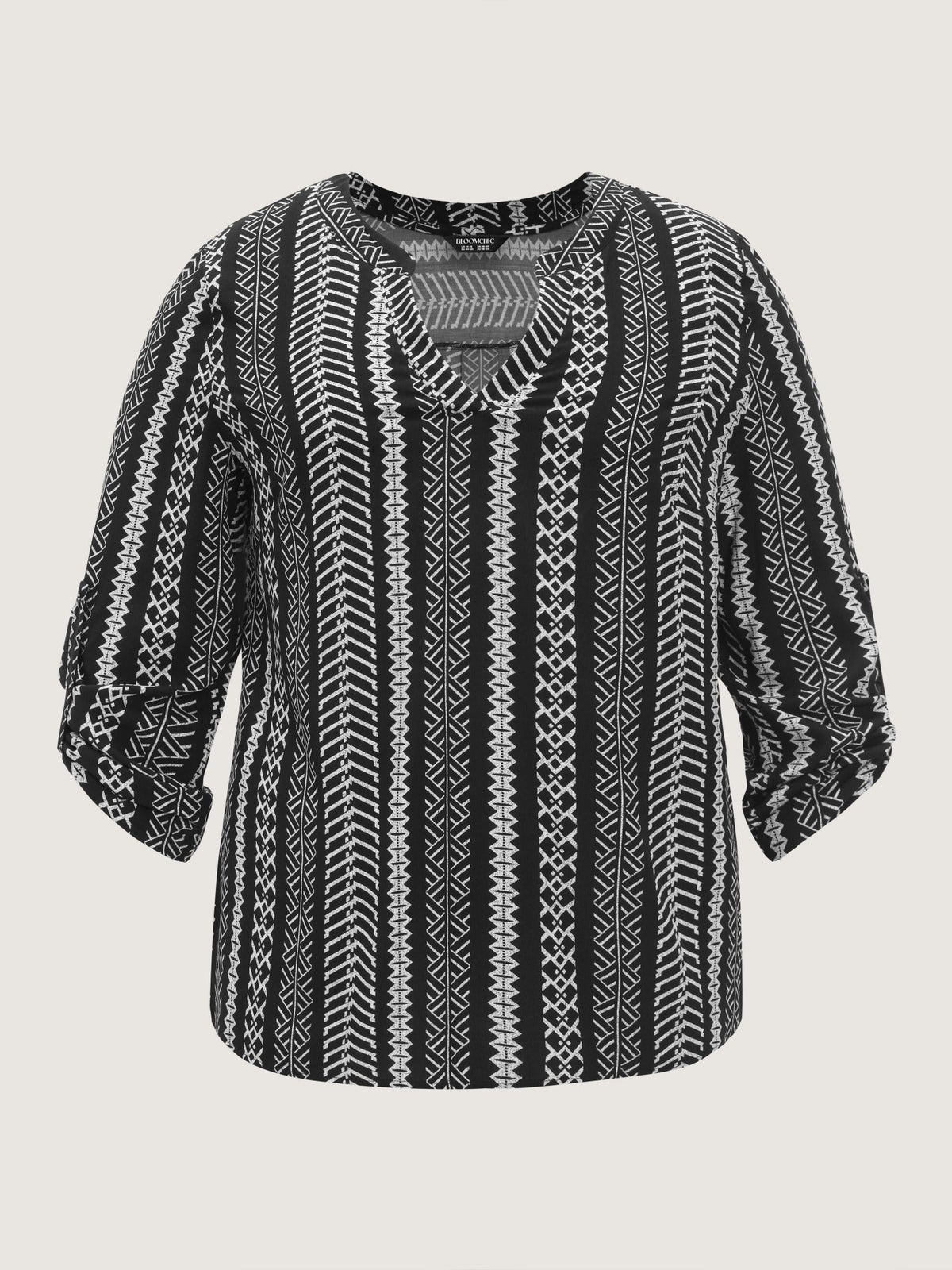 Boho Geometric Print Roll‑Tab Sleeve Blouse