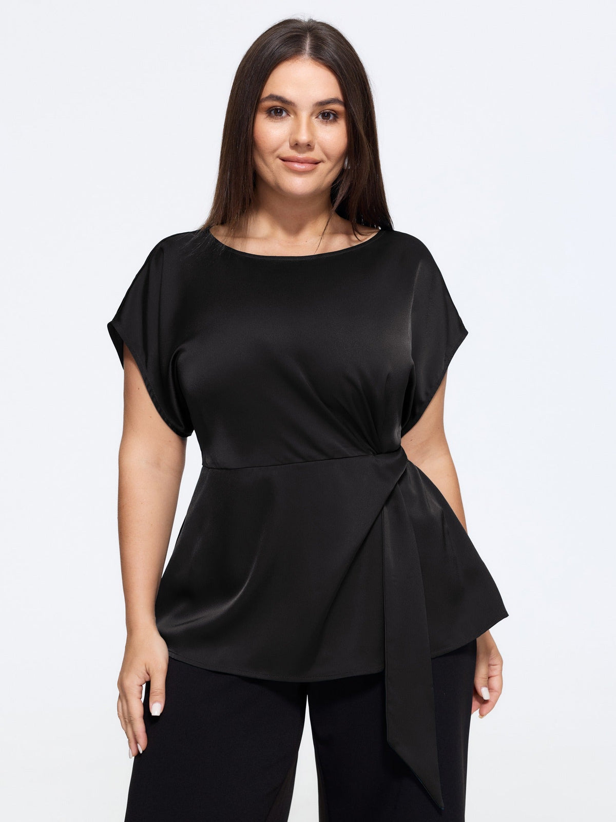 Boat Neck Side Twist Satin Blouse