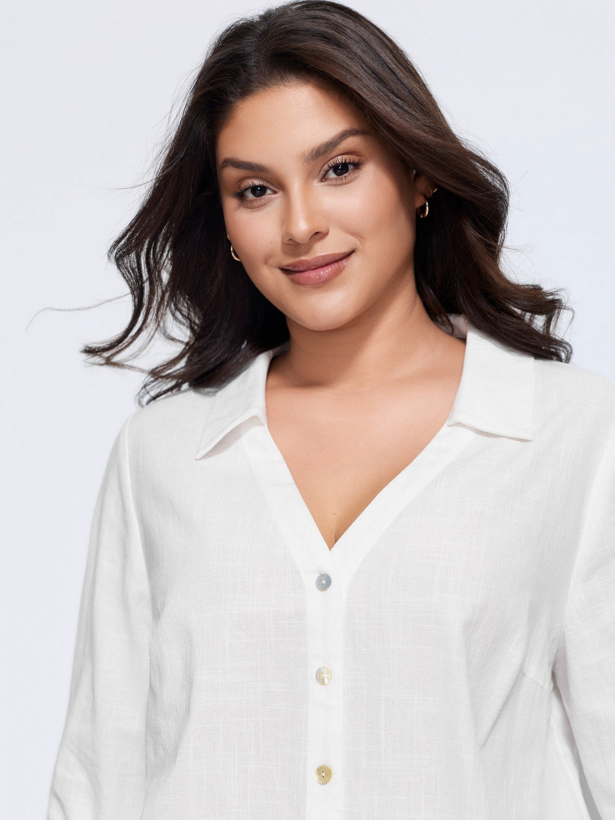 Cotton Collared V‑Neck Tab Sleeve Shirt