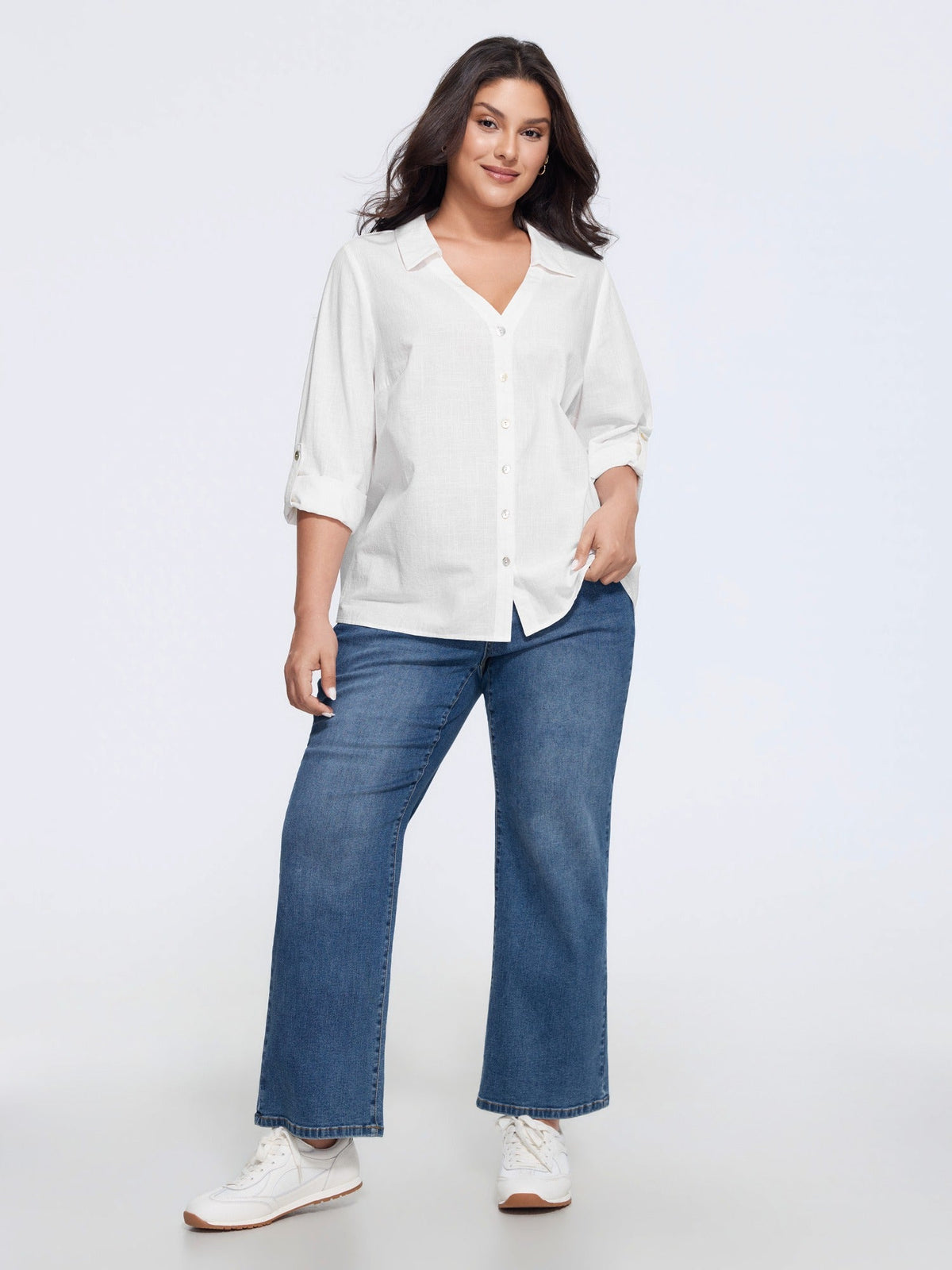 Cotton Collared V‑Neck Tab Sleeve Shirt