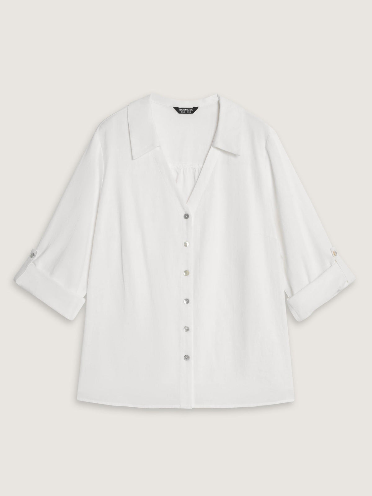 Cotton Collared V‑Neck Tab Sleeve Shirt