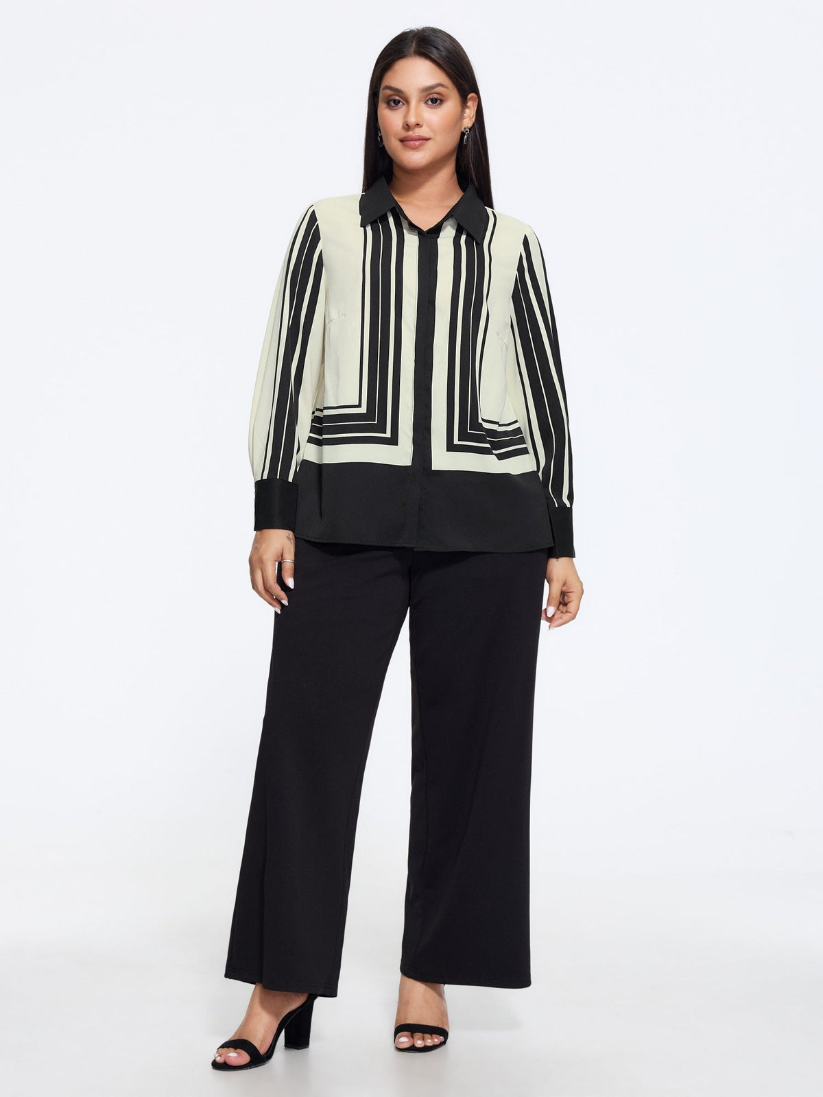 Geometric Striped Button‑Down Blouse