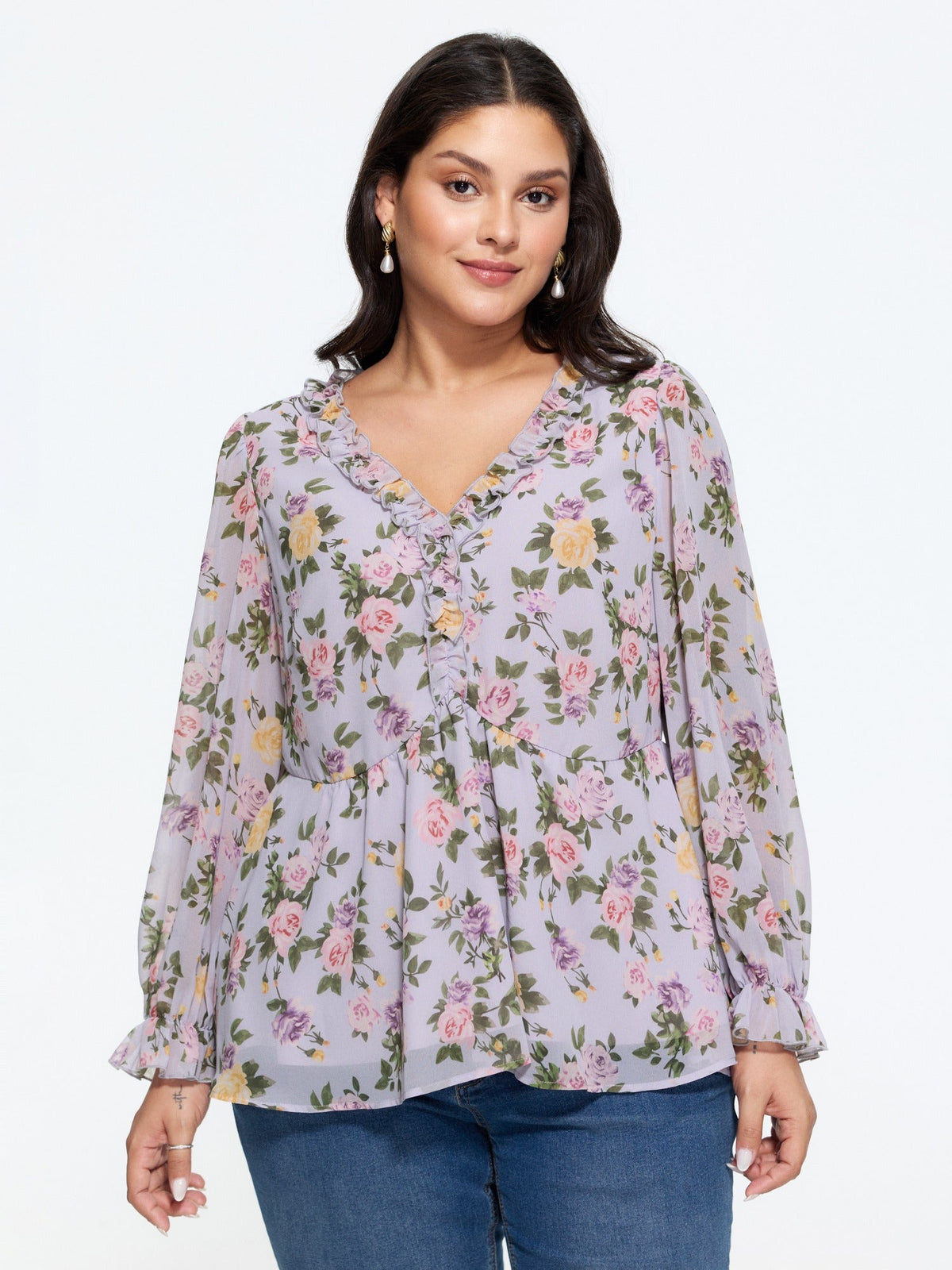 Floral V‑Neck Ruffle Trim Chiffon Blouse
