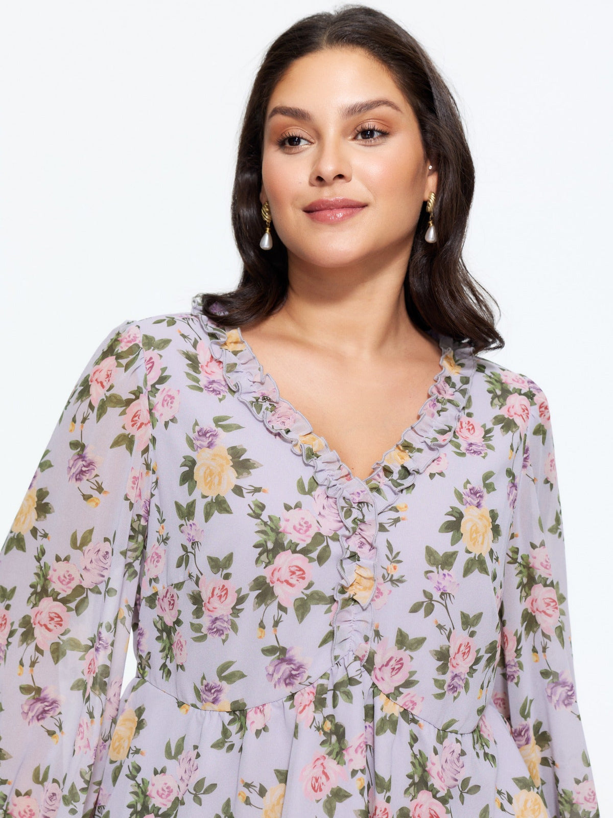 Floral V‑Neck Ruffle Trim Chiffon Blouse