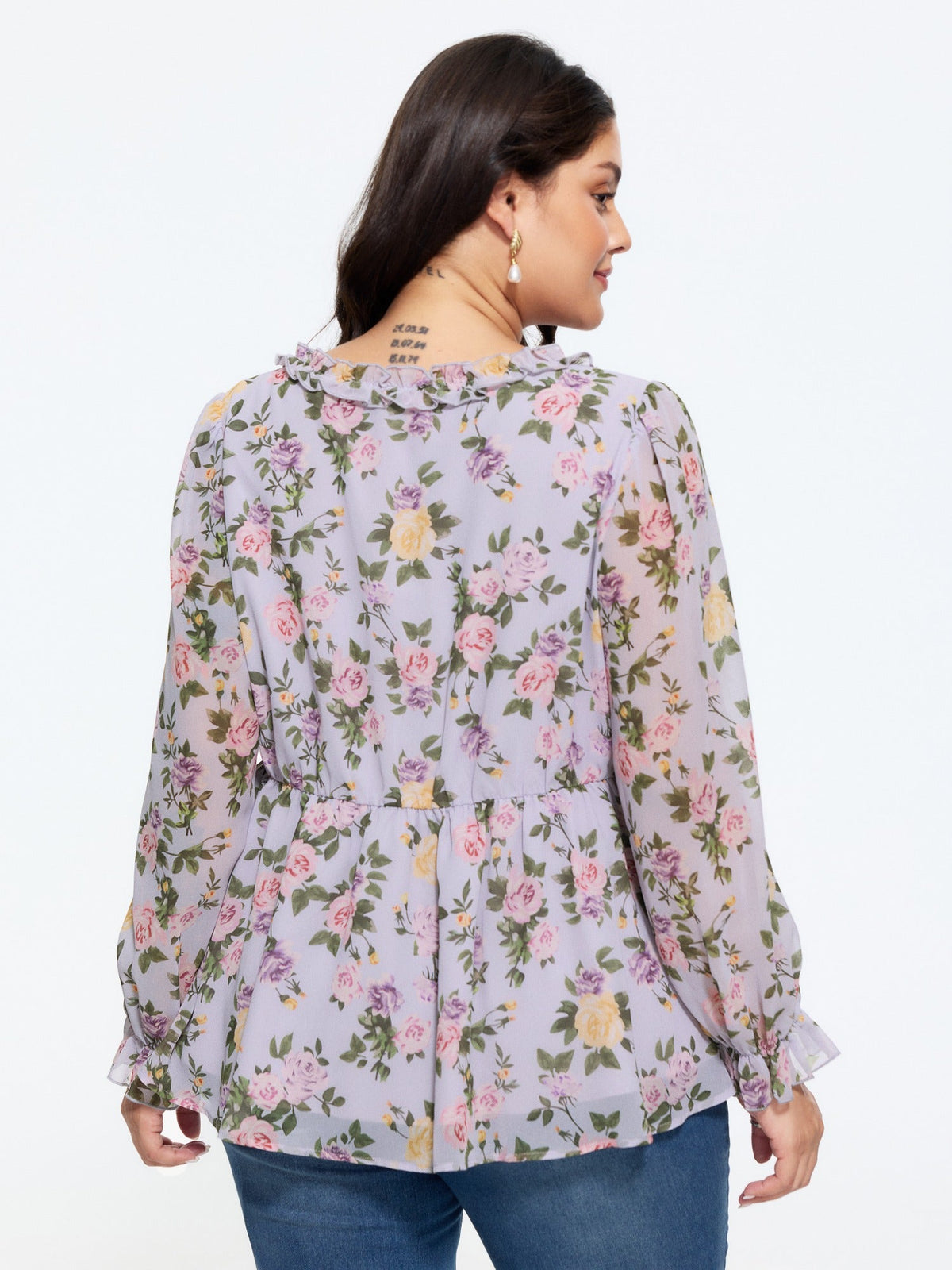 Floral V‑Neck Ruffle Trim Chiffon Blouse