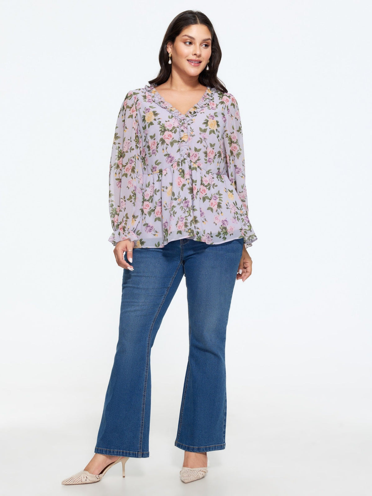 Floral V‑Neck Ruffle Trim Chiffon Blouse