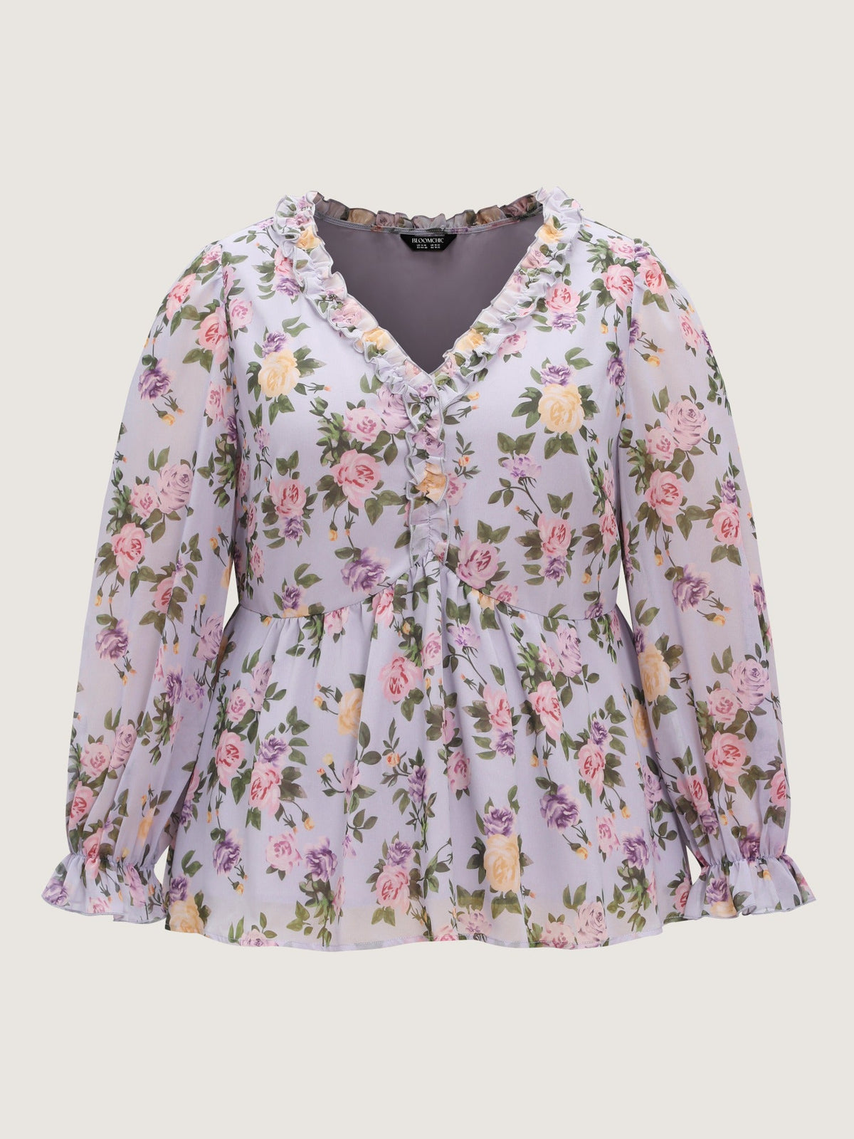 Floral V‑Neck Ruffle Trim Chiffon Blouse