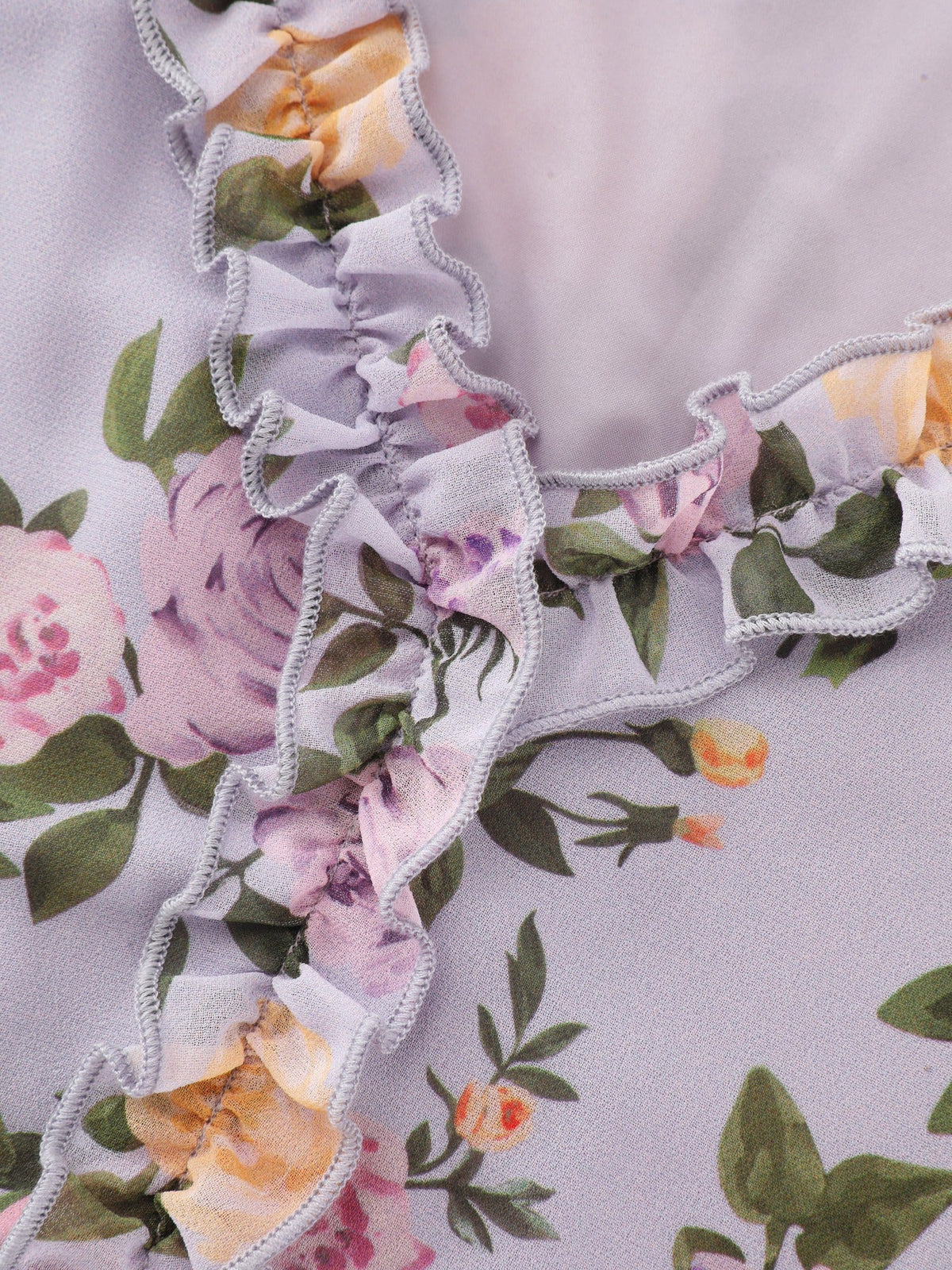 Floral V‑Neck Ruffle Trim Chiffon Blouse
