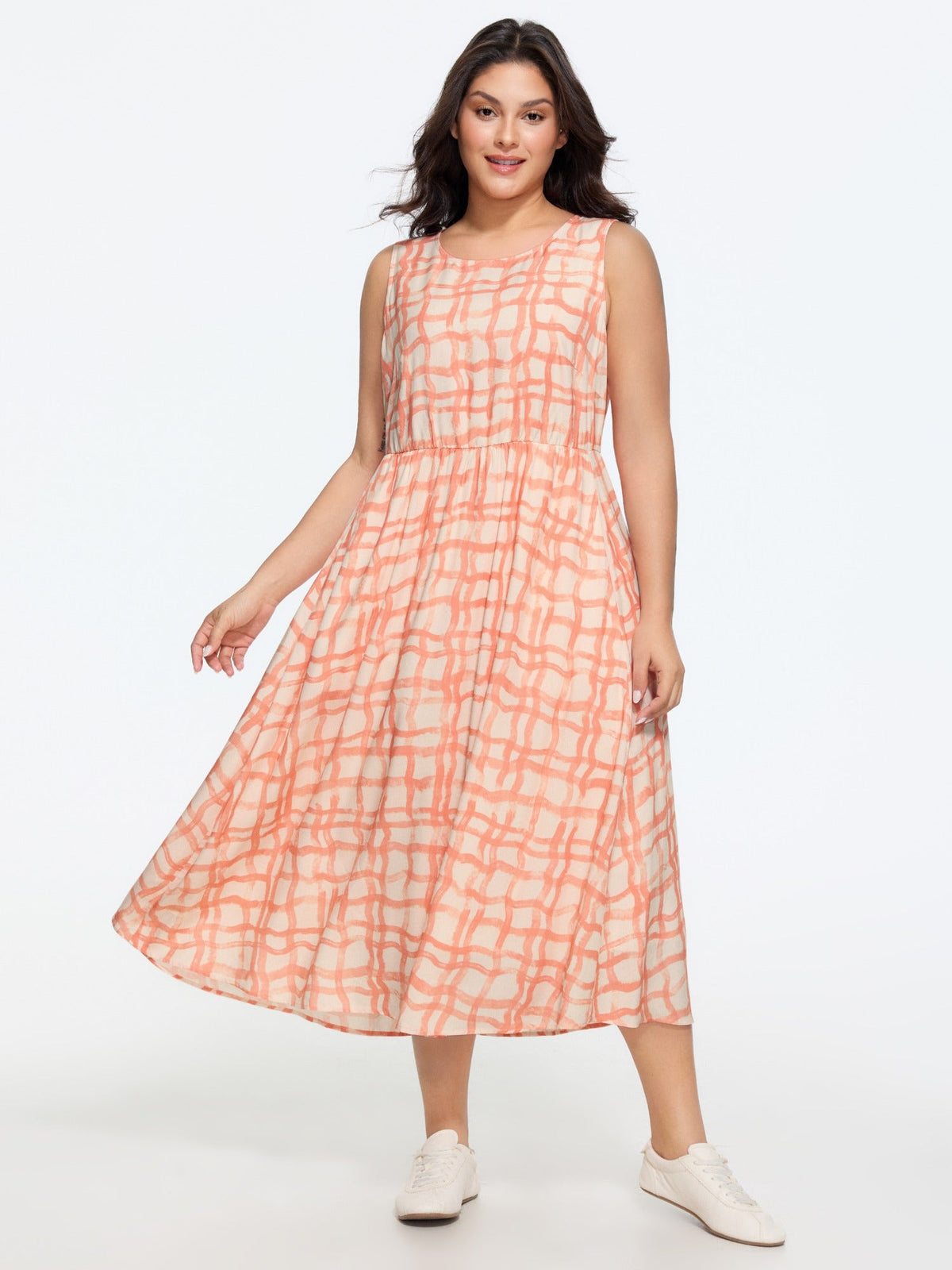 Supersoft Grid Print Round Neck Sleeveless Midi Dress