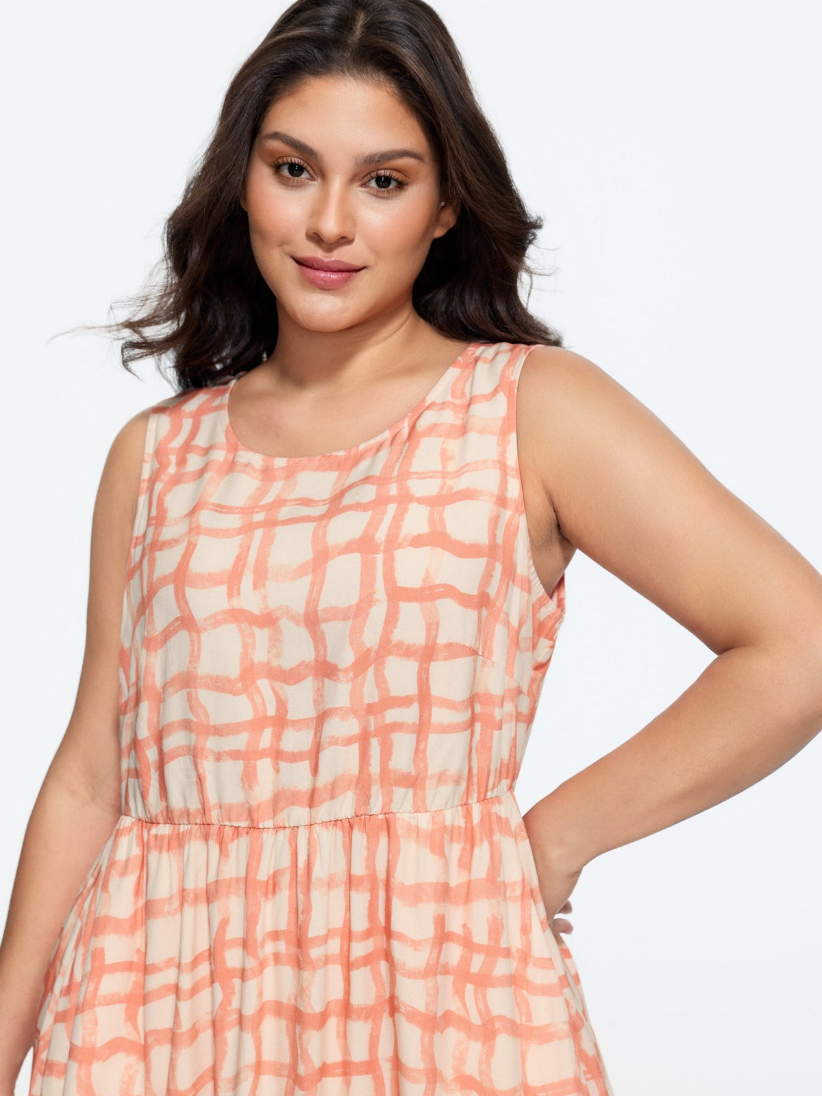 Supersoft Grid Print Round Neck Sleeveless Midi Dress