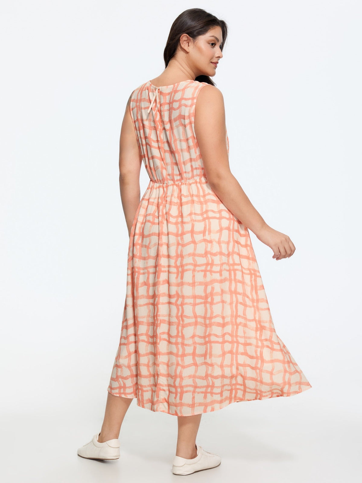 Supersoft Grid Print Round Neck Sleeveless Midi Dress