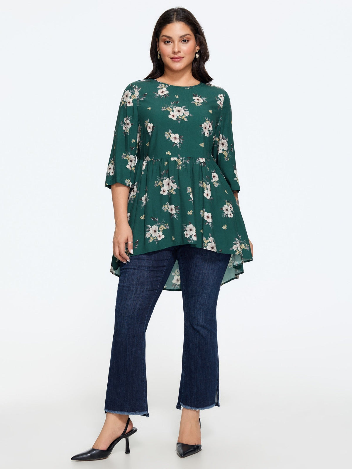 Floral Print High‑Low Hem Tunic Blouse