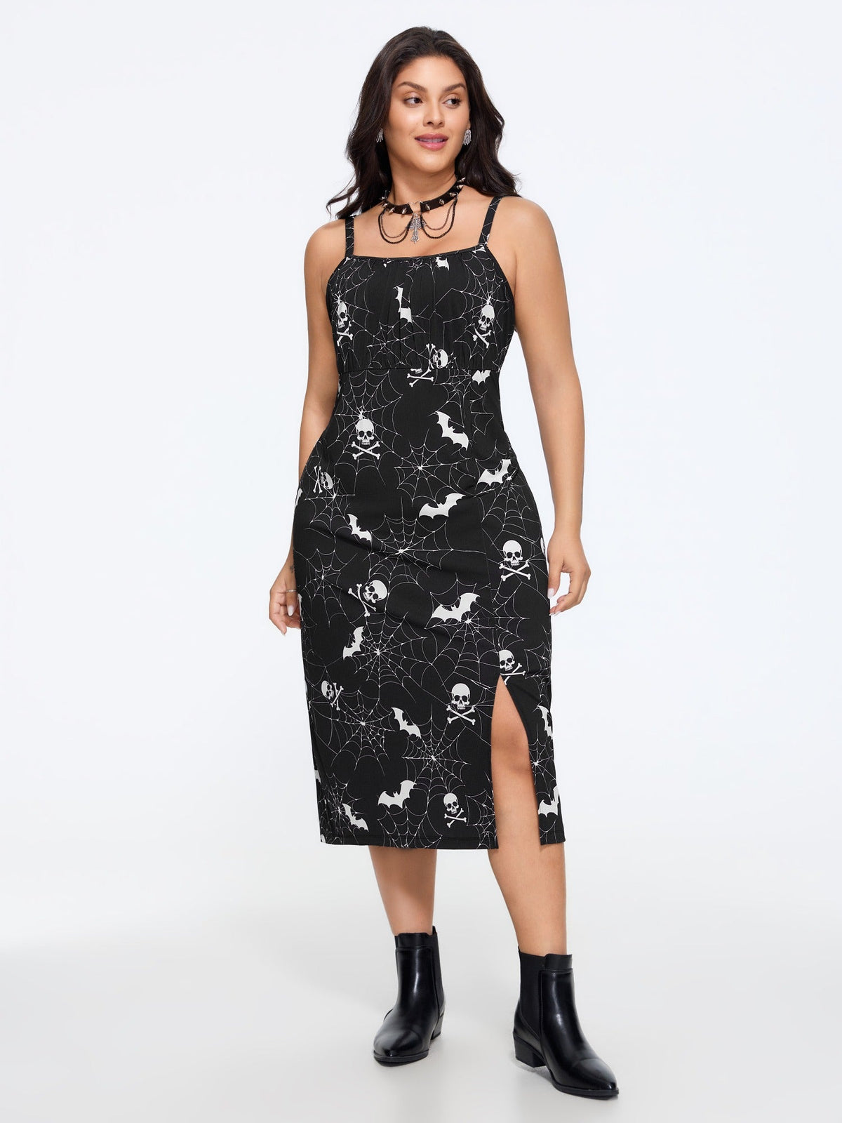Stretch Skull Bat Print Side Slit Midi Dress