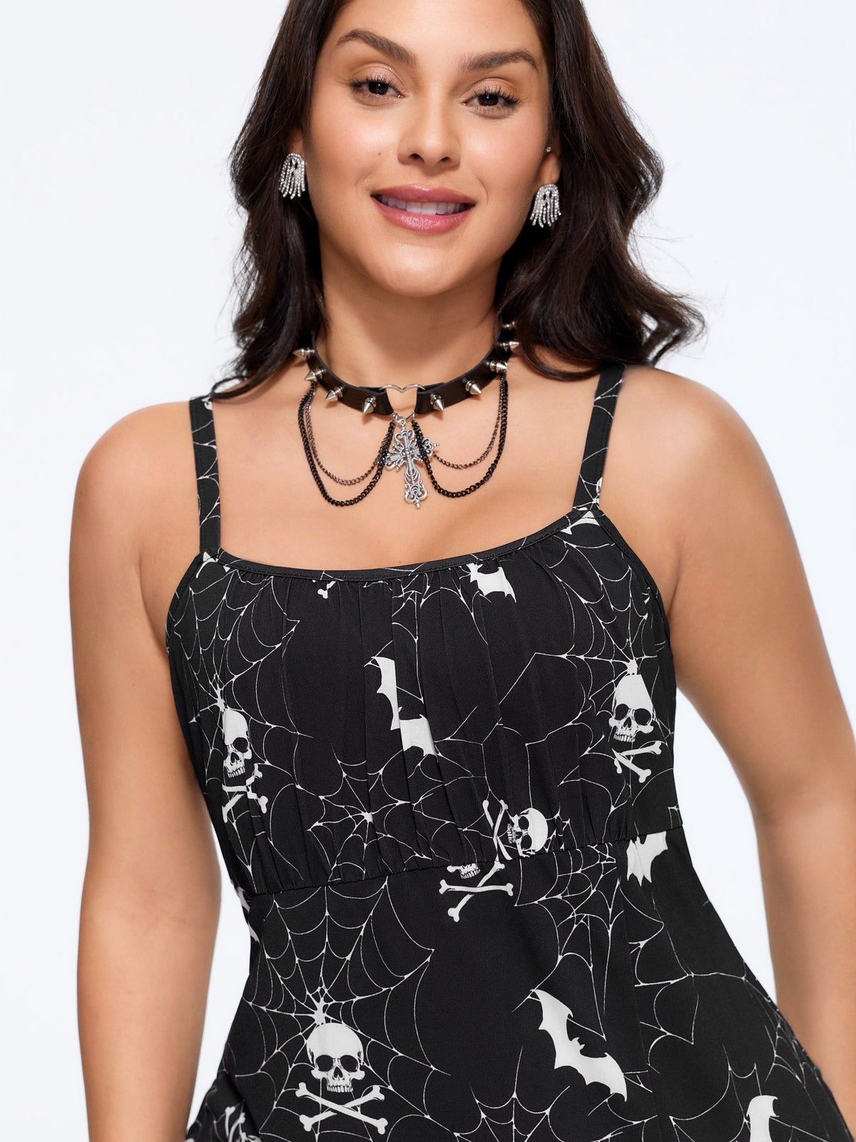 Stretch Skull Bat Print Side Slit Midi Dress