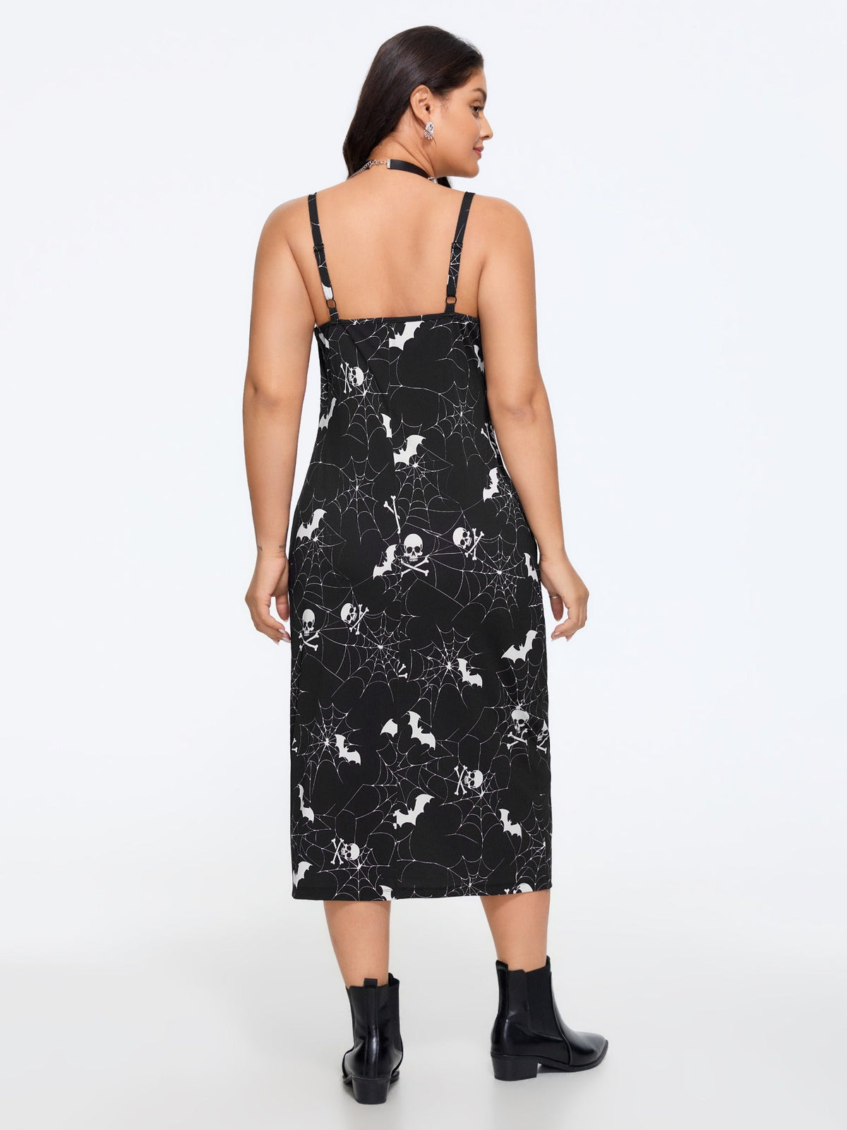 Stretch Skull Bat Print Side Slit Midi Dress