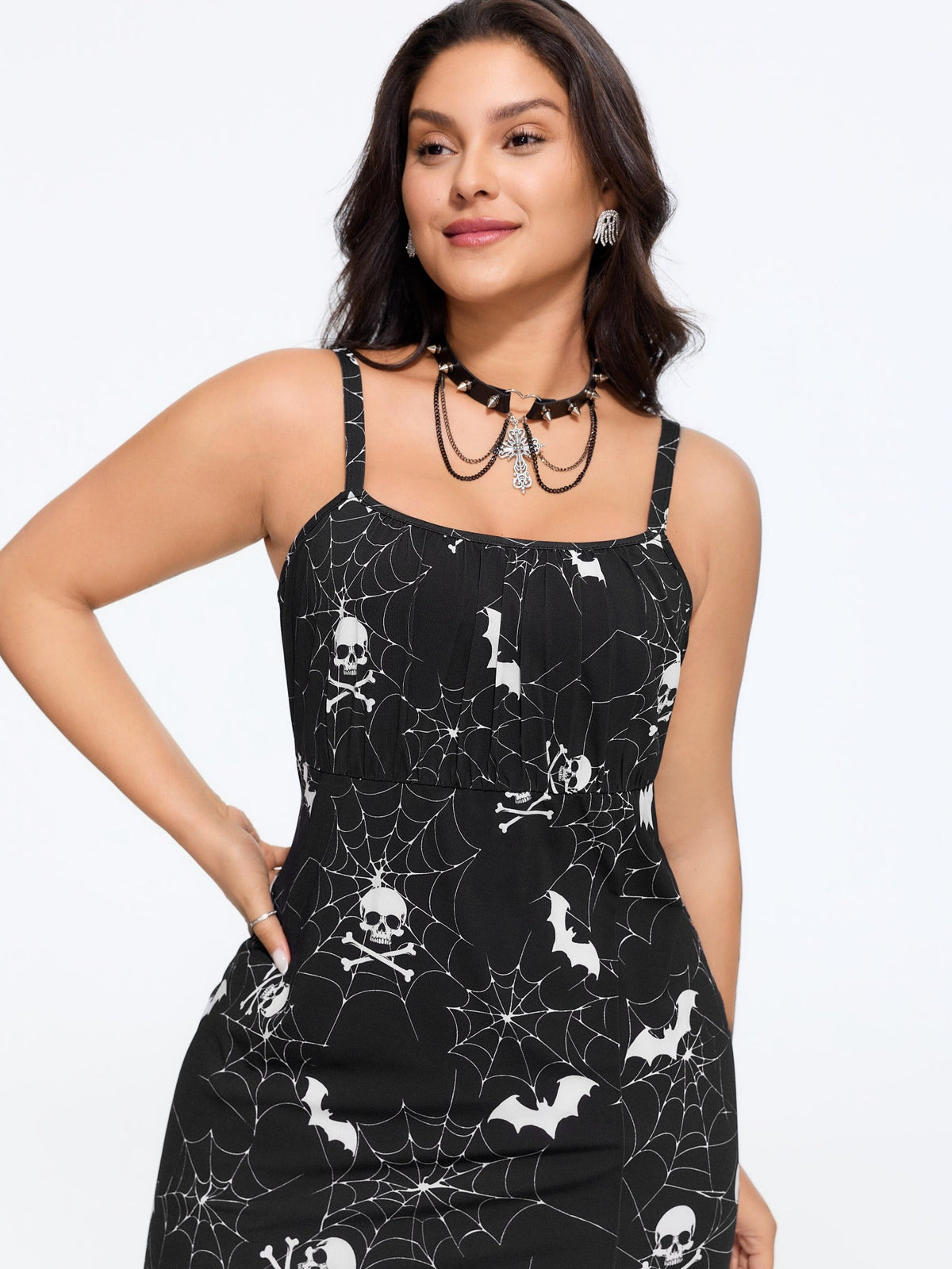Stretch Skull Bat Print Side Slit Midi Dress