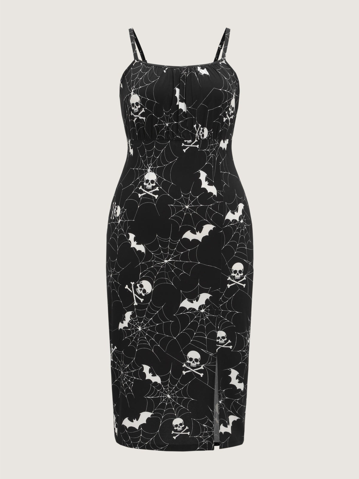 Stretch Skull Bat Print Side Slit Midi Dress