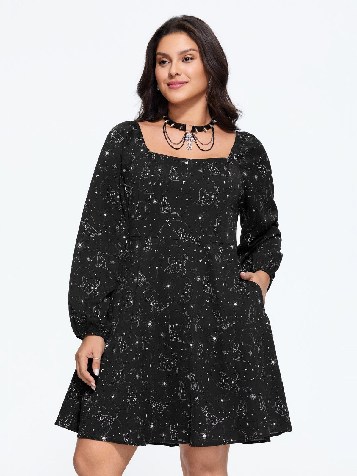 Cat Moon Star Print Pocket Mini Dress